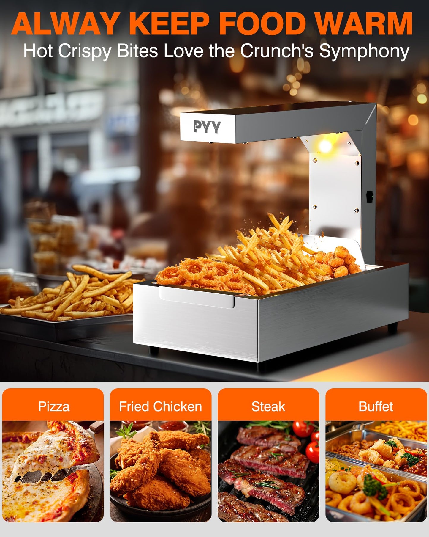 PYY French Fry Warmer - Commercial Food Heat Lamp 122°F Free-Standing Warming Fry Dump Station Countertop Fries Commercial Food Warmer Light for Chips Churros Buffet Restaurant