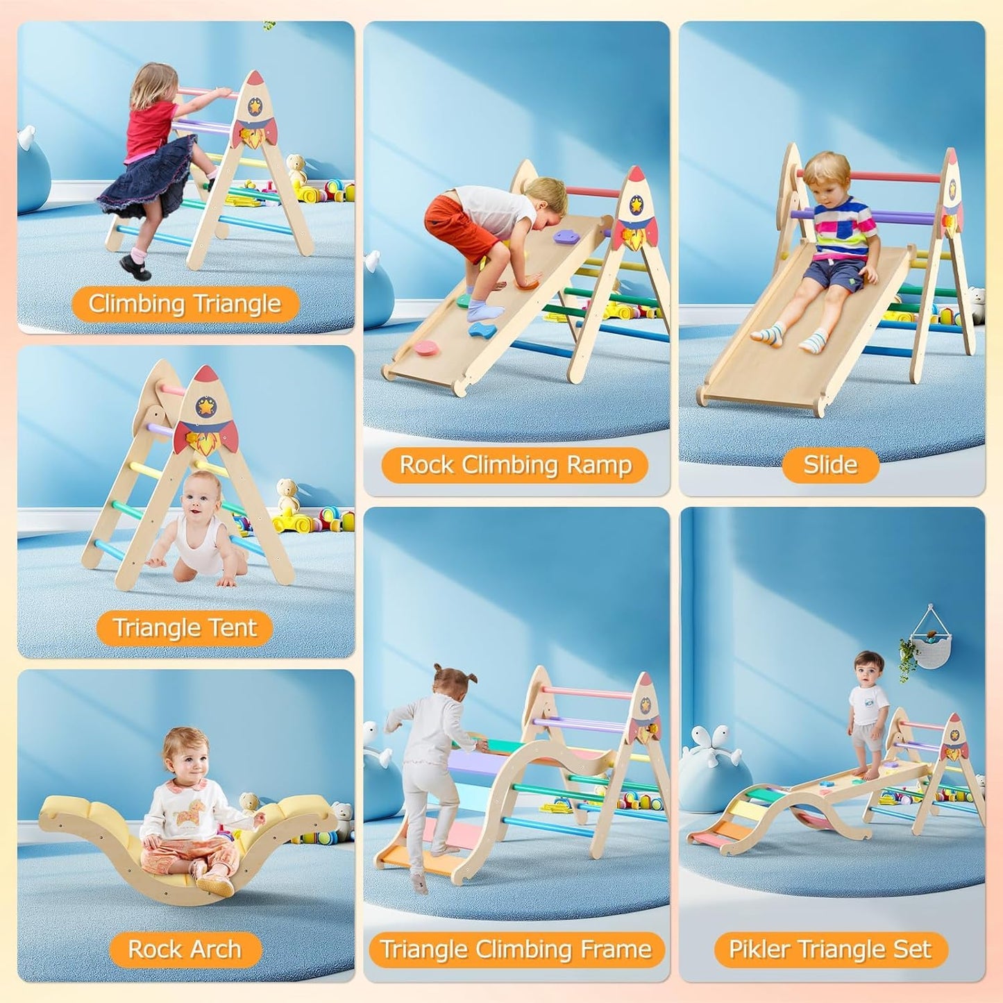 Pikler Triangle Set with Cushion, 9-in-1 Kids Climbing Toys for Toddlers 1-3 Inside, Montessori Toddler Climbing Toys Indoor, Large Wooden Pikler Triangle Climbing Set Baby Playground for Children