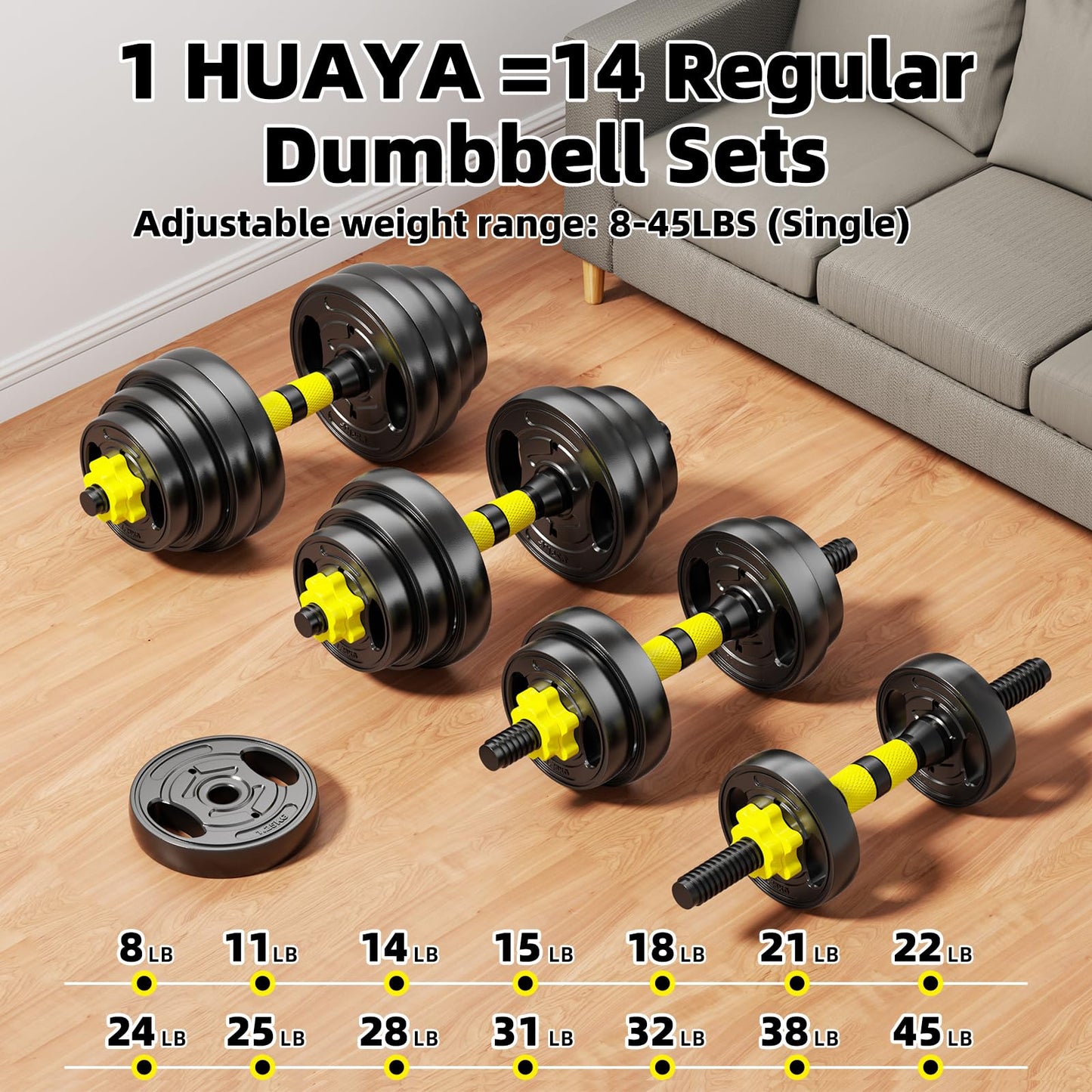 HUAYA Adjustable Dumbbell Set, 10-90lbs Free Weights with Connector – 4 in 1 Dumbbells, Barbell, Kettlebell & Push Up Stand, Adjustable Weights Set for Home Gym Fitness Equipment for Men & Women (Orange 90lbs (45lbs*2))