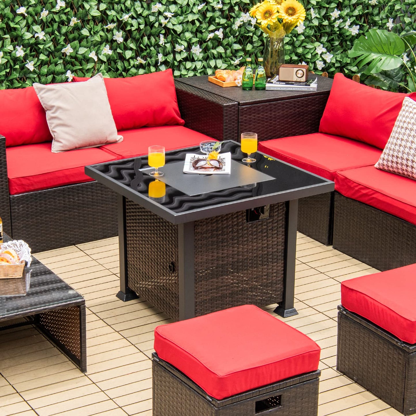 Tangkula 50,000 BTU Propane Fire Pit Table, Patiojoy 32 Inch Wicker Gas Fire Pit with Removable Lid and Lava Stone, Outdoor Square Rattan Fire Table with PVC Cover, Mix Brown