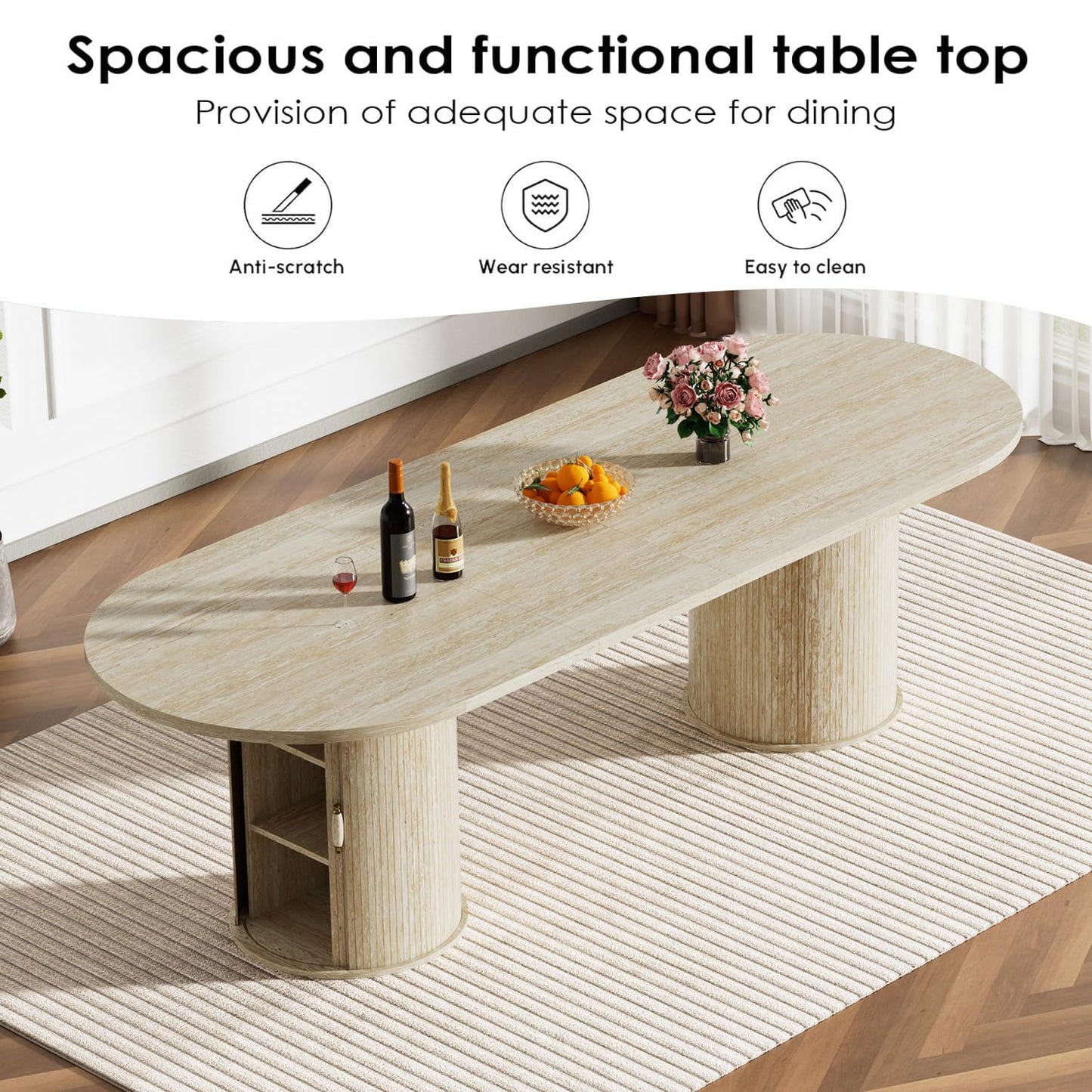 11 Piece Extendable Dining Table Set with 10 Black Upholstered Chairs, 63"-95" Faux Mars Oval Kitchen Table Set with Storage for 10, Space-Saving Expandable Dining Room Table Set with Wood Fluted Base