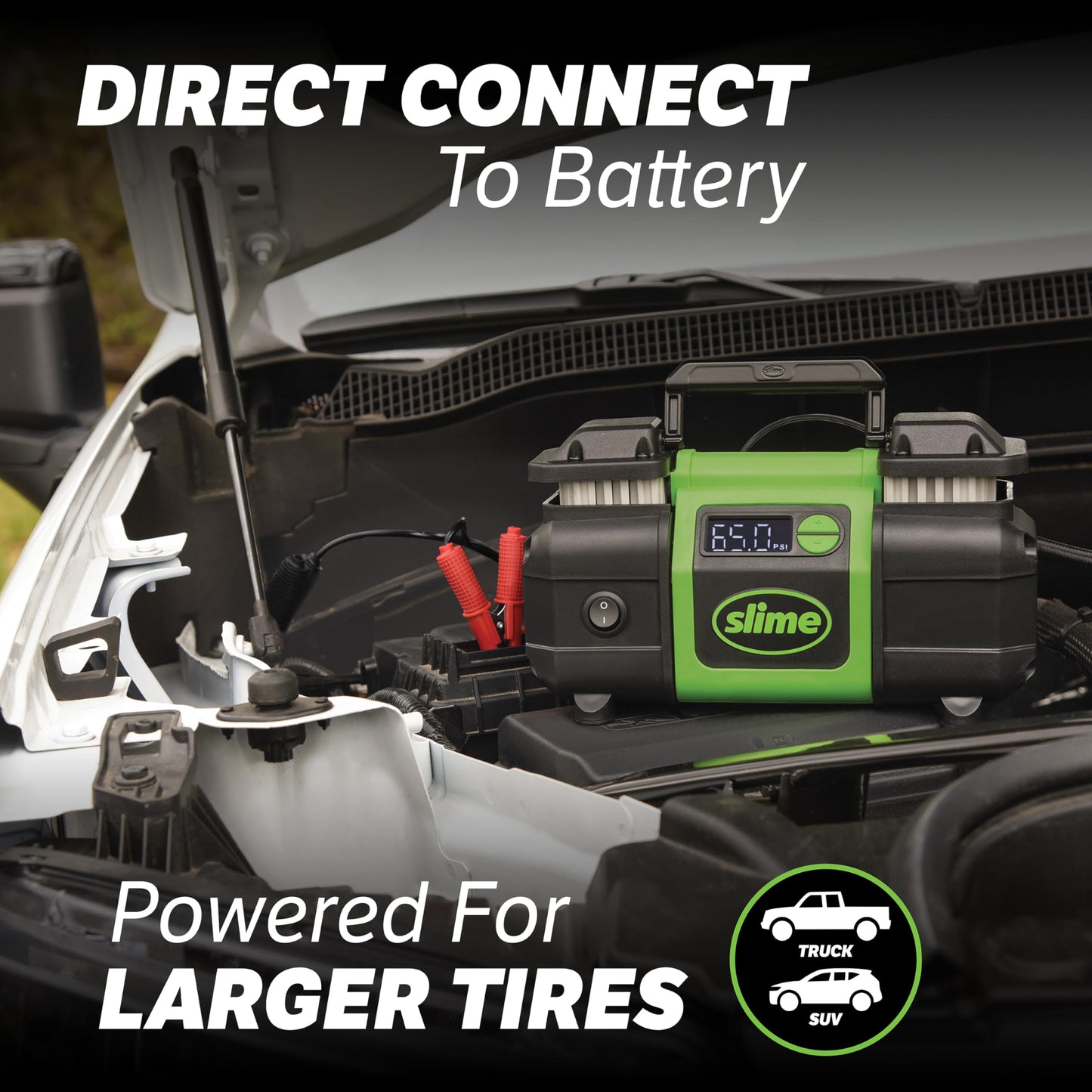 Slime 40083 Tire Inflator, Super Duty Pro Power, Battery Connection, Dual Piston, with Digital 0-99 psi Gauge, Long Hose and LED Light, Alligator Clips, 2 min Inflation
