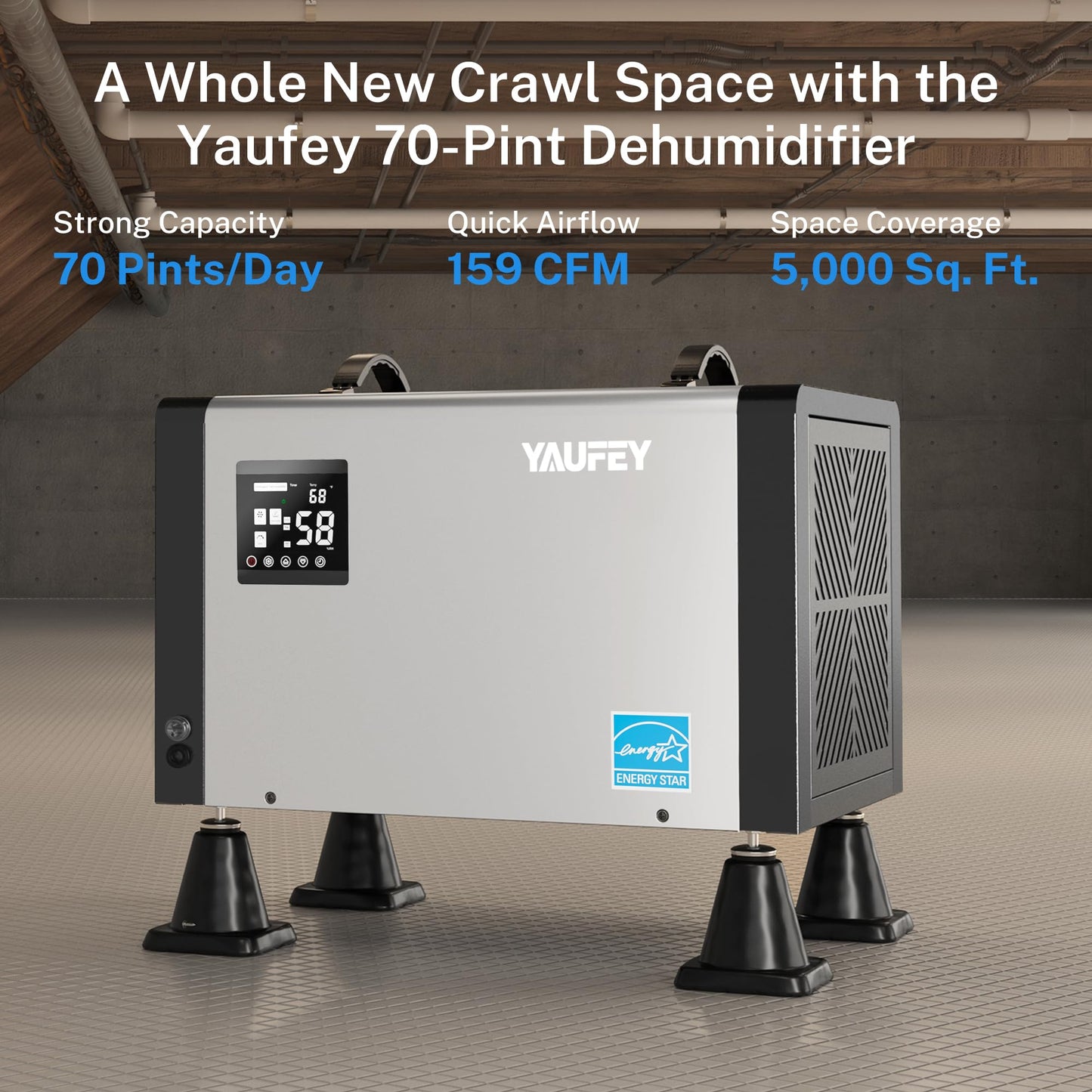 Yaufey 70 Pint Energy Star Commercial Dehumidifier with Pump for Crawl Space, Basement, Industrial, up to 5,000 Sq. Ft., 10%-98% RH Humidity Control, Auto Defrost, TUV Certified, 5-Year Coverage