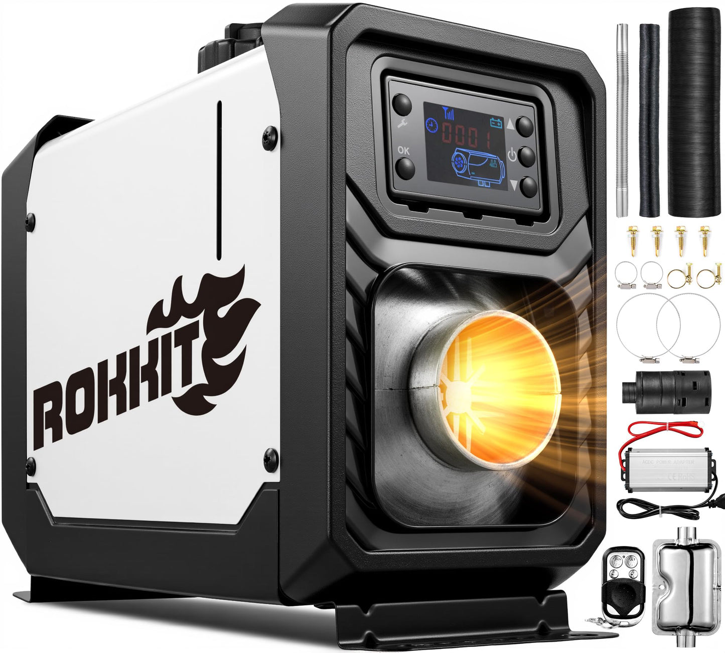 ROKKIT Portable Diesel Air Heater, 8KW, 110V/12V, LCD Monitor & Remote Control, Low Noise, Ideal for Tent, Car, RV, Camper