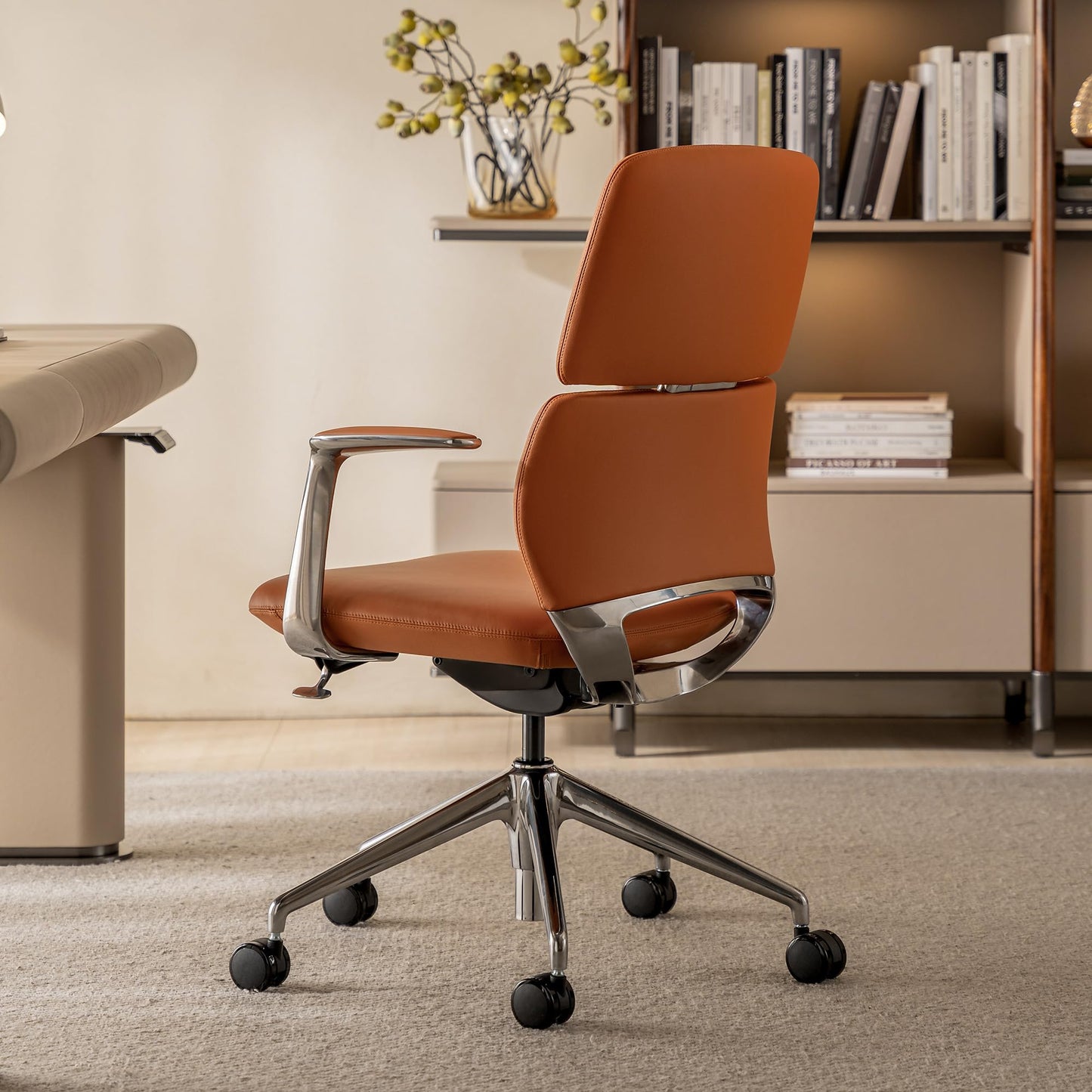 TOMU Genuine Leather Office Desk Chair with Wheels, Ergonomic Leather Executive Chair, Mid Back, Swivel Base with Adjustable Tilt, Modern Style, Luxury Aluminum Frame (Orange)