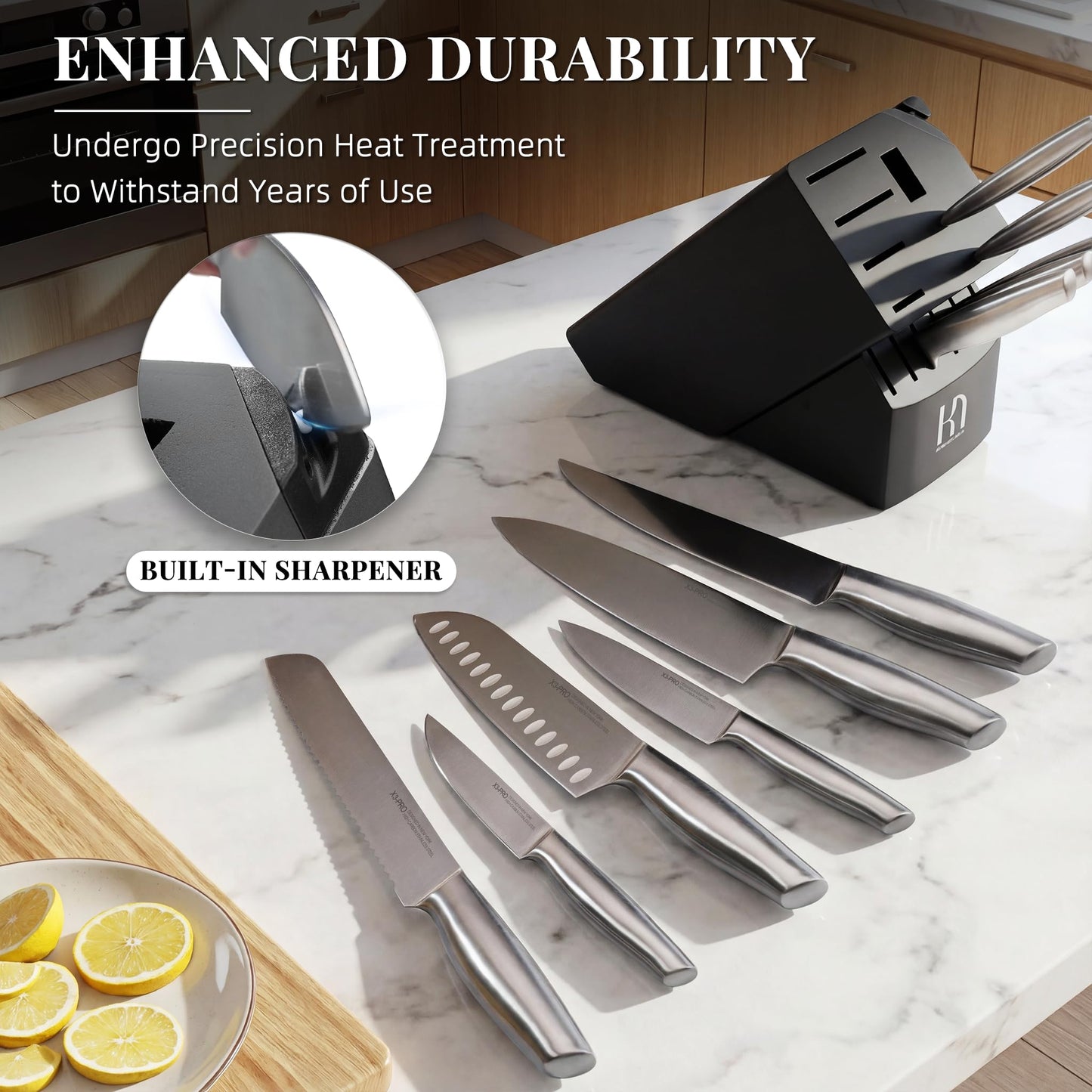 KnifeSaga Knife Set Premium, Kitchen Knife Block Set 14 Pcs Japanese High Carbon Stainless Steel Enduring Razor Sharp, Black Chef Knives Set for Kitchen with Built-in Sharpener and Acacia Wood Block