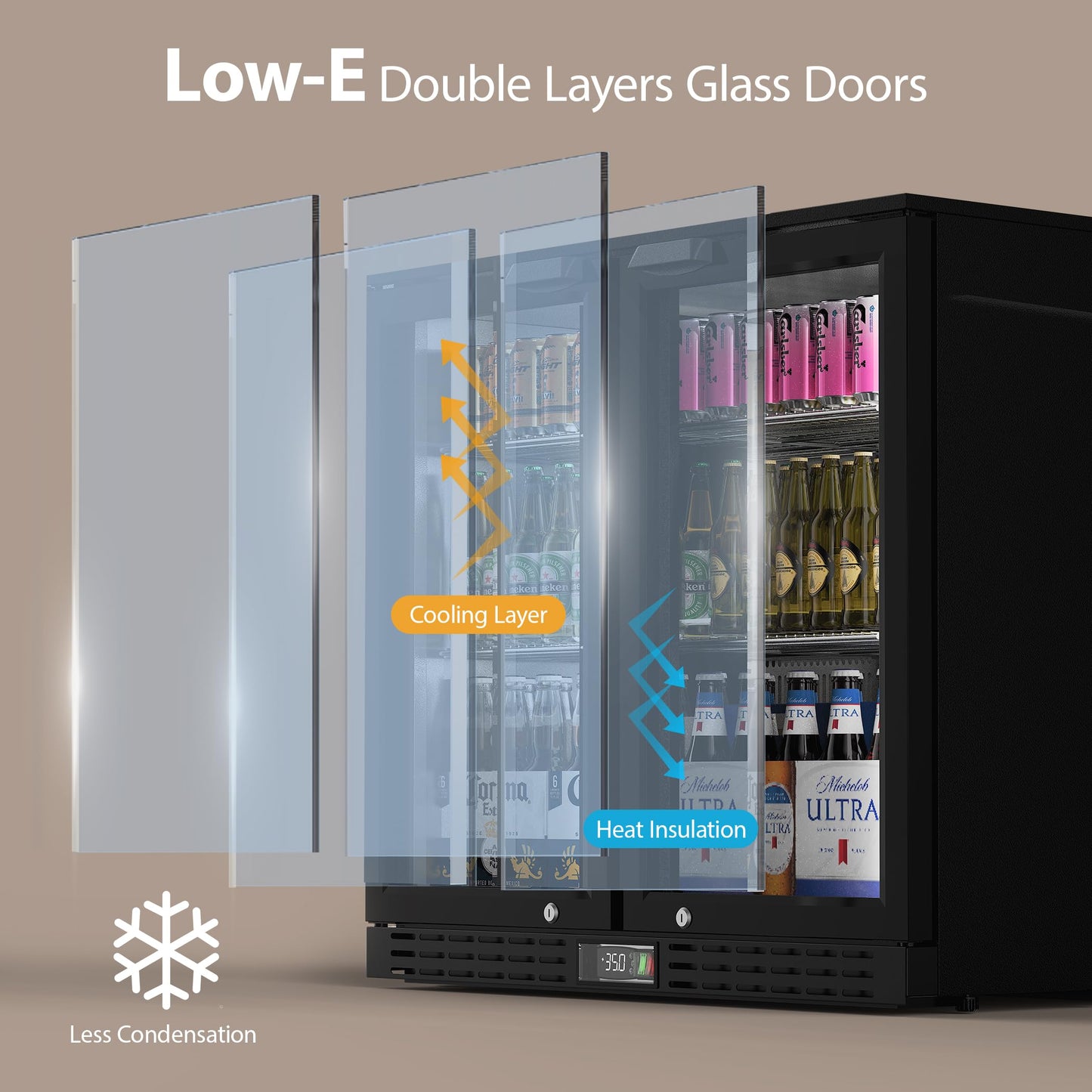Coolake Back Bar Cooler Refrigerator with 2 Glass Doors, 7.4 cu.ft Commercial Under Counter Height Beverage Refrigerator with LED Lighting, Display Drink Fridge for Home Bar, Man Cave, Garage, Office