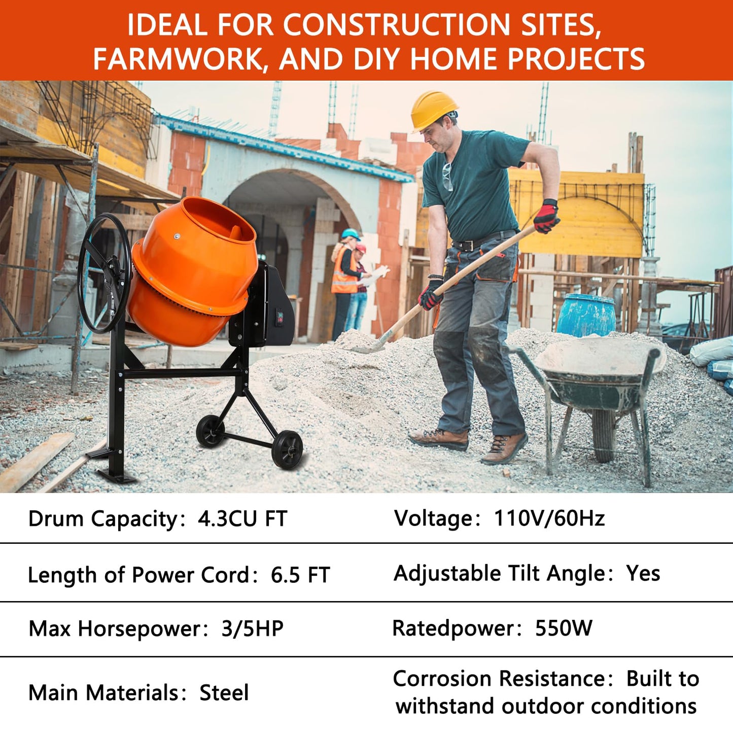 DAJYAWON Electric Cement Mixer, 4.3 Cubic Ft. Concrete Mixer with 550W Motor & 7-inch Wheels, 2/3 HP Portable Concrete Mixing Machine Tools for Stucco, Mortar, Seeds, Feed
