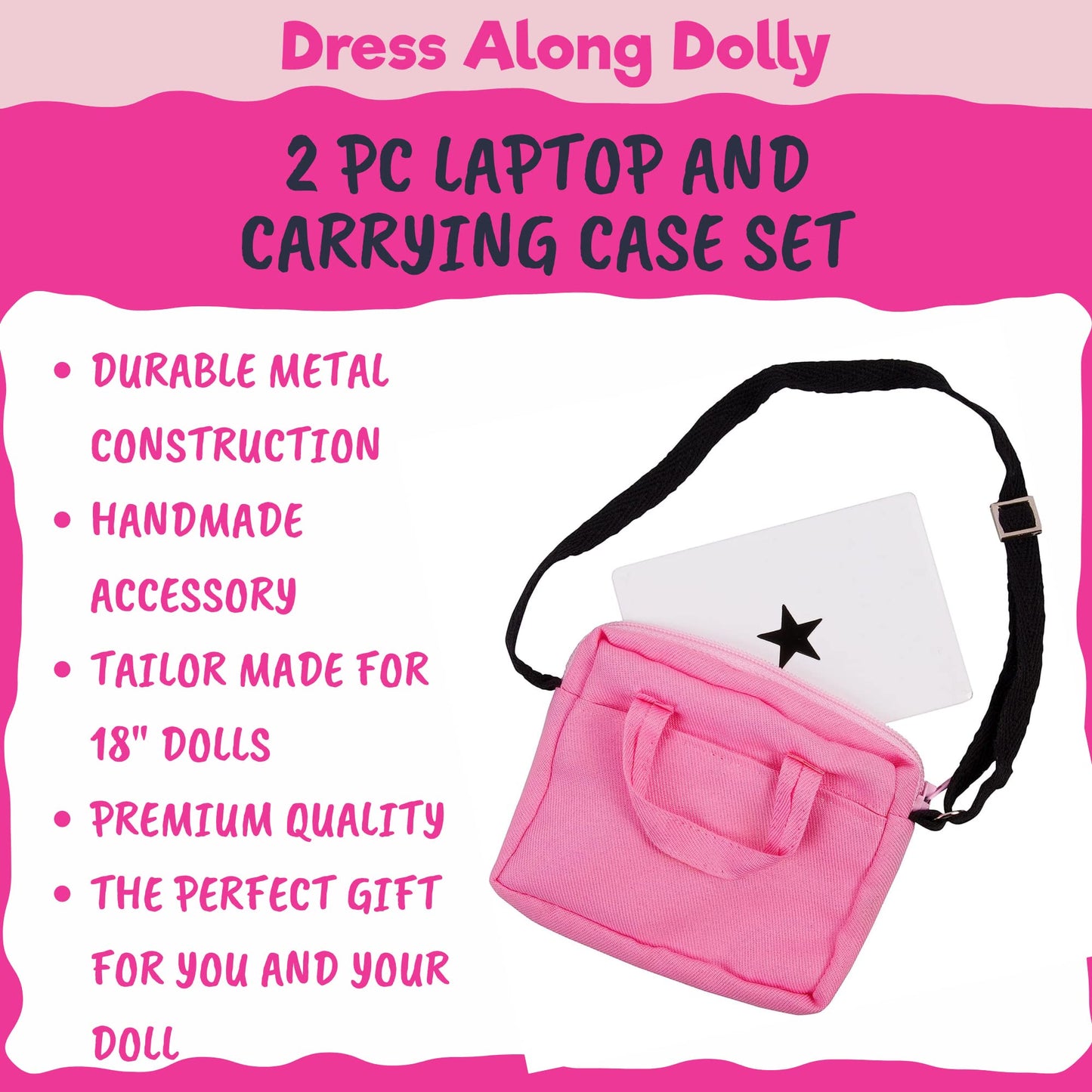 Dress Along Dolly Metal Laptop for 18-Inch Dolls - Premium Heavy-Duty Doll Computer with Pink Carrying Bag - Fits American Girl & Our Generation - Durable Metal School Accessory