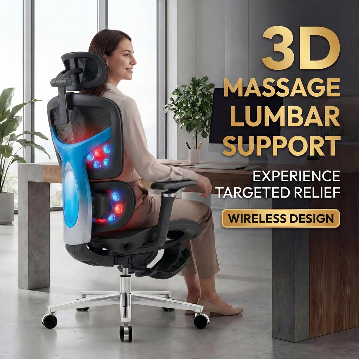 Ergonomic Office Chair with Footrest & Massage Lumbar Support – 4D Headrest & 6D Armrests, Reclining Big and Tall 400LBS Mesh Chair, Adjustable Seat Depth & Back Height, for Home Office/Gaming (Black)