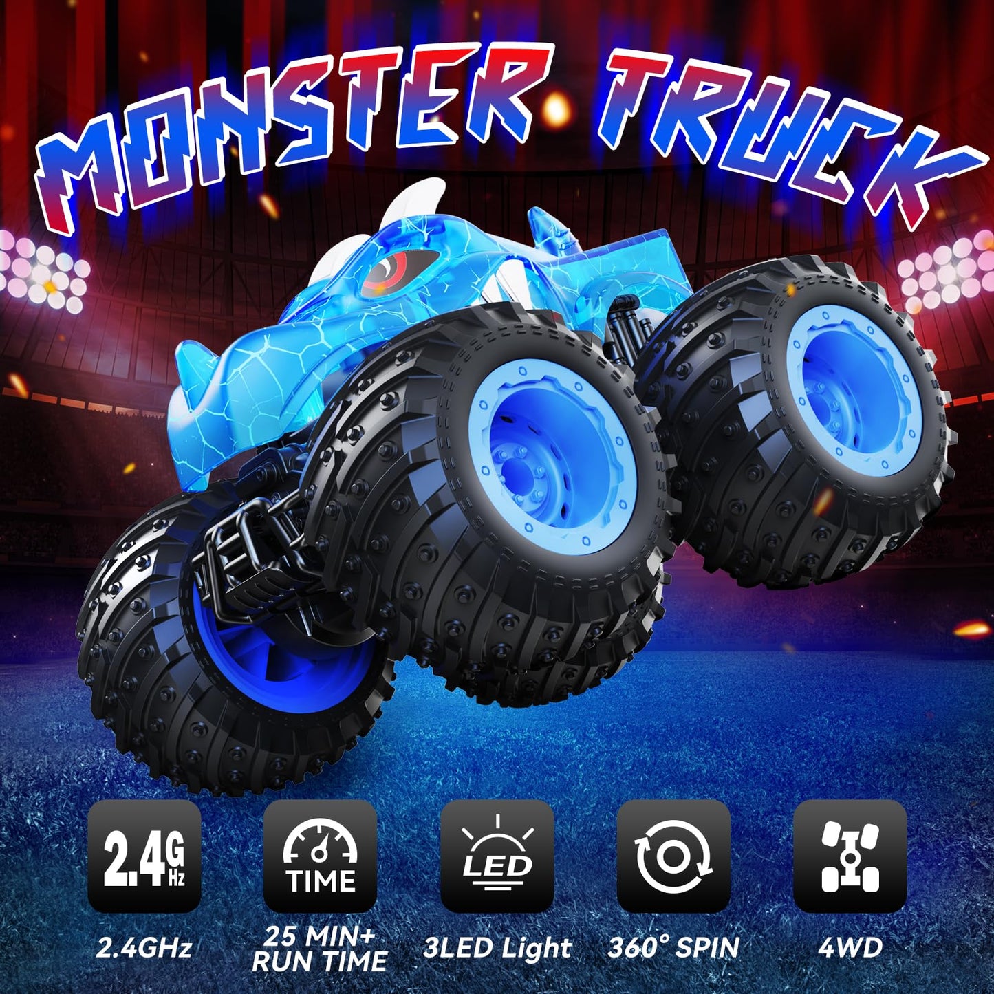 AUUGUU Remote Control Car, 2.4GHz Monster Trucks Toys with Light Spray, Birthday Gift for Kids 3 4 5 6 7 8, All Terrain RC Cars, Toddler Toys for Boys Girls 3+ Year Old