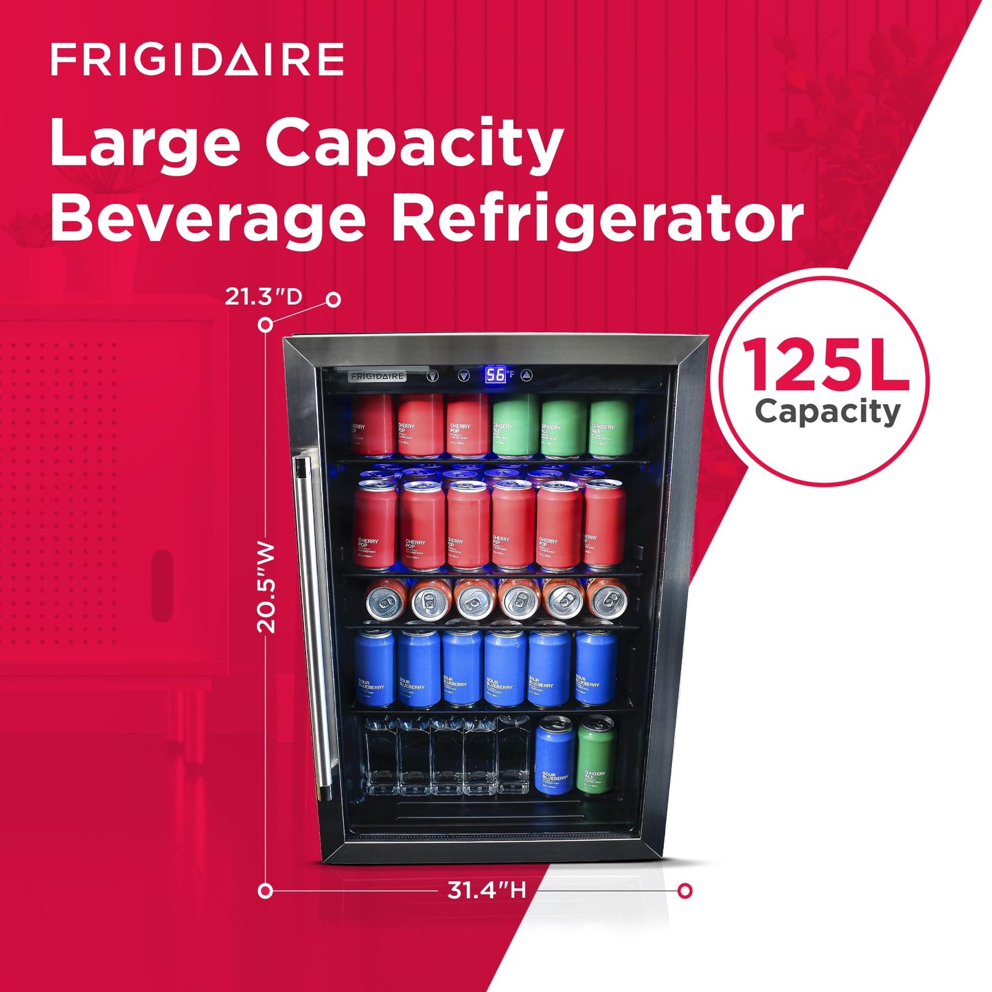 Frigidaire Beverage Refrigerator, Fridge with Glass Door, Compact Mini Fridge with Digital Temperature Control, Fits 115 Cans or 34 Bottles, 96L Capacity - 19.1" D x 17.5" W x 31.2" H
