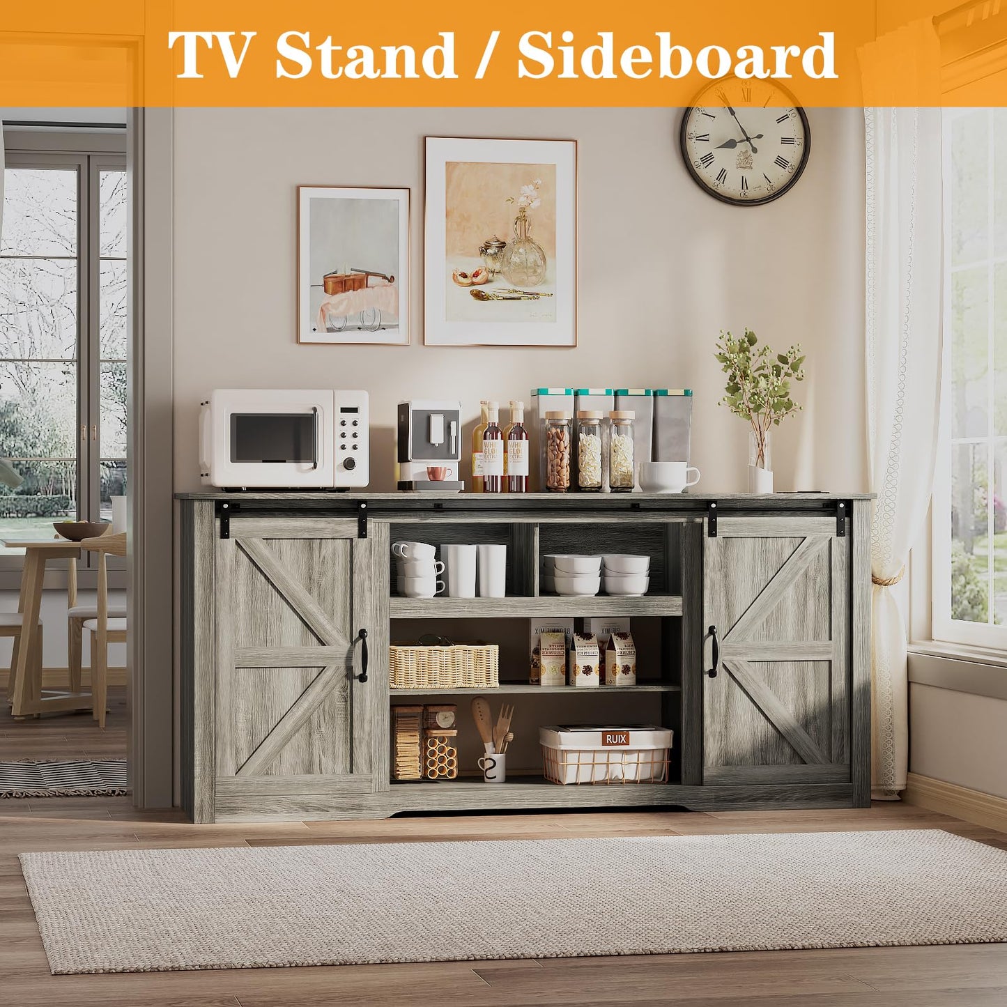 Garvee 70" Farmhouse TV Stands for 80" Television, Entertainment Center with Sliding Barn Door, Media TV Console Table with Storage & Adjustable Shelves for Living Room, Dark Grey