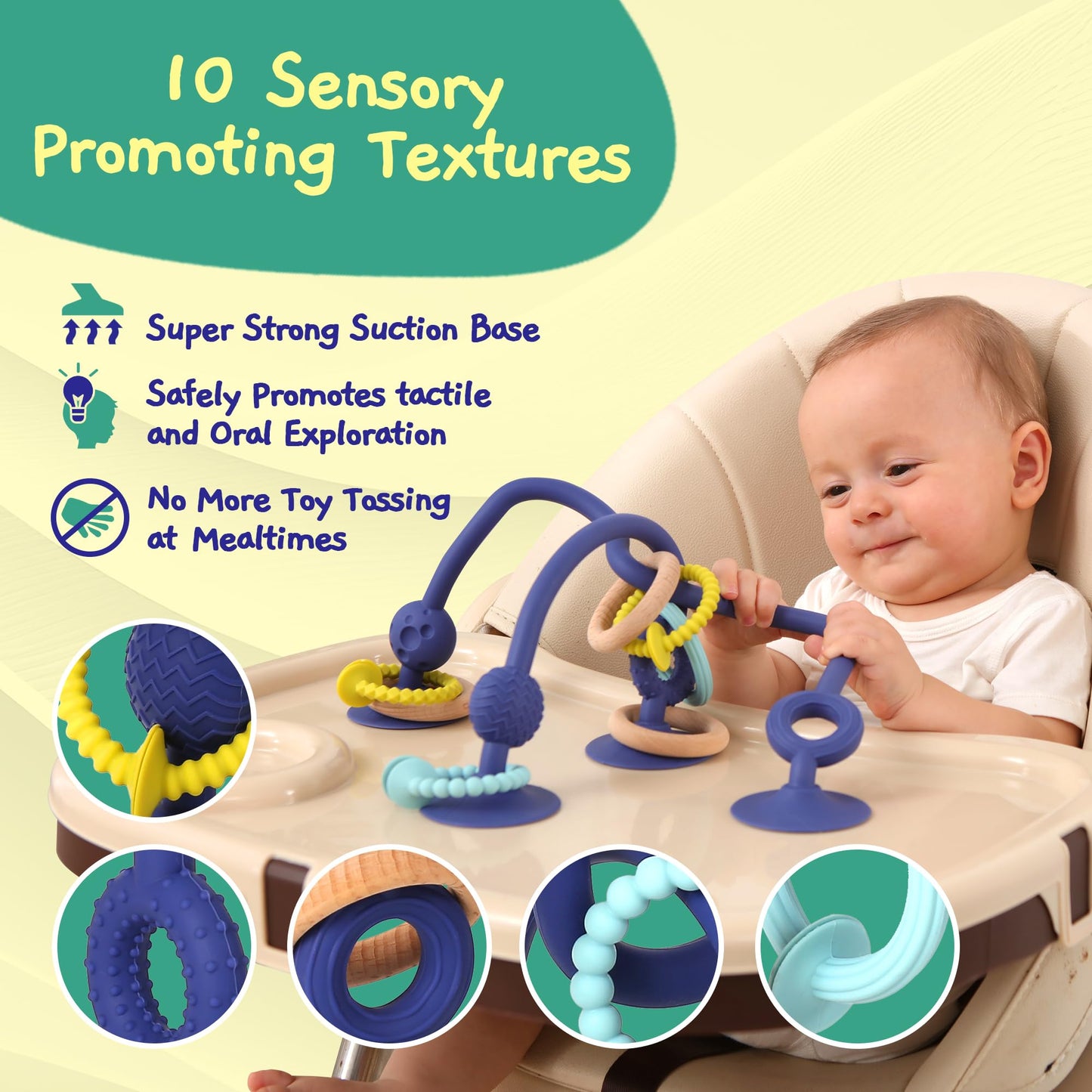 Jumble Jangle Baby Teething Toys – BPA-Free, Multi Purpose High Chair Toys & Sensory Toys for Kids with Autism: Suction Teething Relief with Sensory Toy Textures for Infants & Toddlers (Dark)