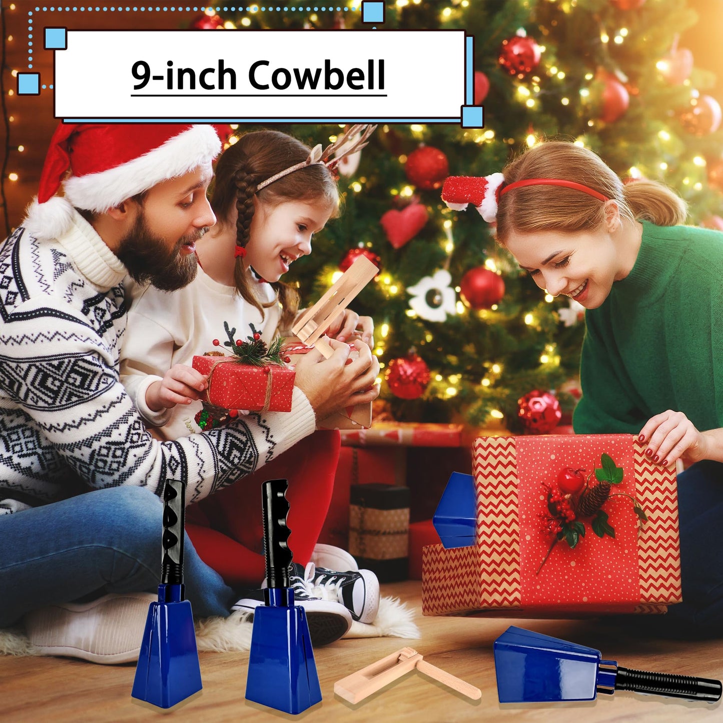 6 Pcs 9 Inch Cowbell Noise Makers Set 4 Wooden Spinning Rattle Ratchet Mexican Matraca 2 Steel Cowbell with Handle for Sporting Events Football Game Musical Percussion Instrument (Color Style 2)