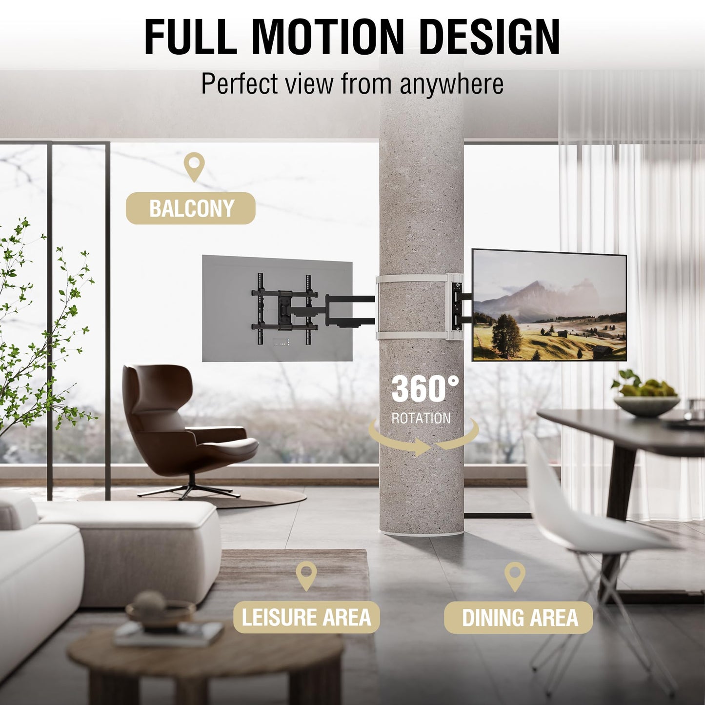 CondoMounts CLMTVA1044 Full Motion Large Pillar TV Mount | Column | Round & Square TV Post Mount | NO Drill | Holds 80lbs | Fits 32-in. to 70-in. TVs | Fits Pillars 8-in & Wider | White Strap