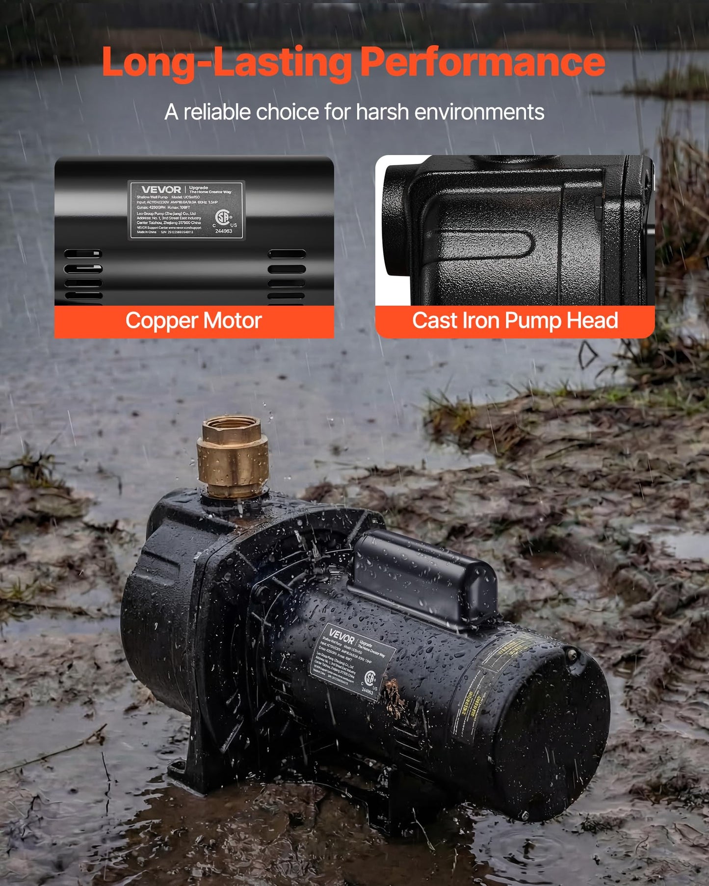 VEVOR 2 HP Shallow Well Jet Pump, 230 Volt, 5200 GPH Cast Iron Well Jet Pump, with 112 ft Max Head Lift, Check Valve, Thermal Protection, Automatic On/Off, for Garden Irrigation Lawn Sprinkler System