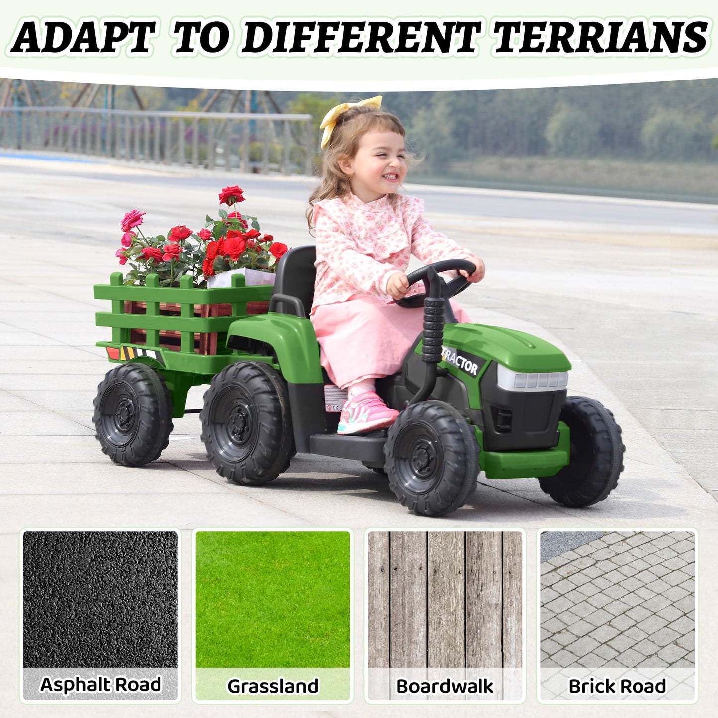 TOBBI Kids Electric Ride On Toy Tractor, Toddlers 12V Battery-Powered Car to Drive, 35W Dual Motor 6-Wheels Trailer Vehicle with 3-Speeds/LED & Horn Functions for Chirdren Aged 3-6-Dark Green