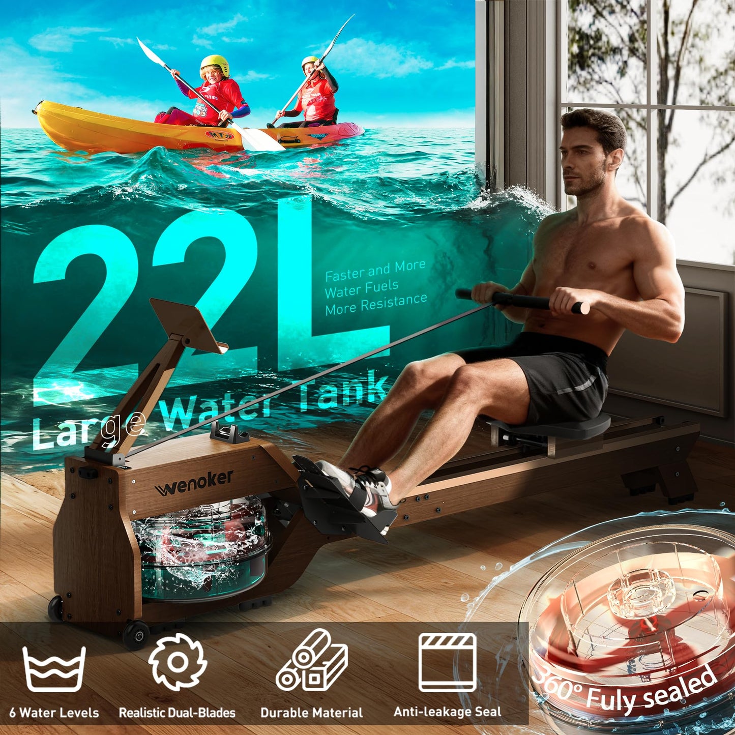 WENOKER Water Rowing Machines for Home Use, Water-Magnetic Dual Resistance Rower Machine with Smart Electronic Knob,Wooden Row Machine with Bluetooth App Compatible for Home Gym Exercise 350 LBS