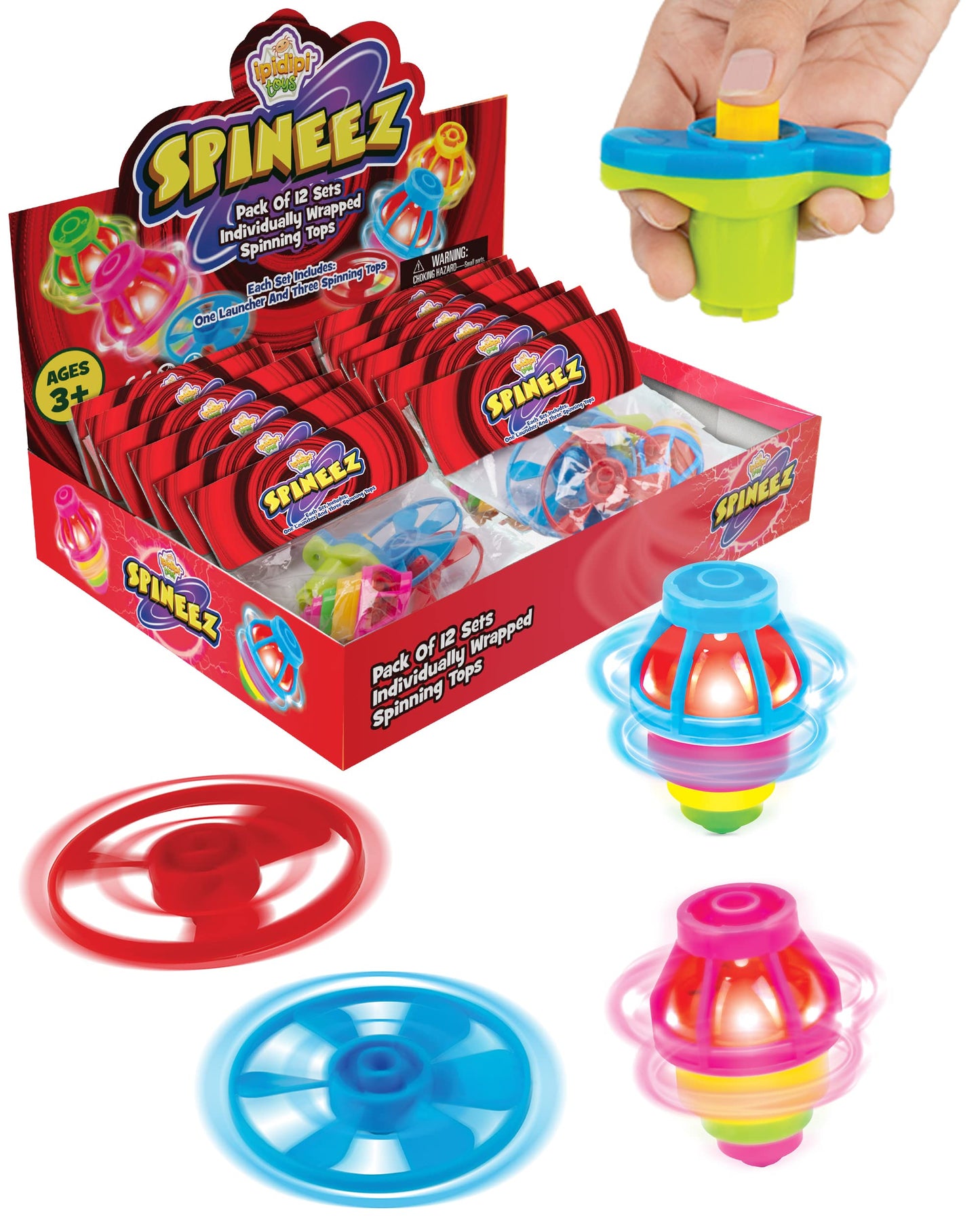 IPIDIPI TOYS Spineez Light Up Flying Saucer Spinning Tops – 12-Pack UFO Spinner Toy - Spinning Tops for Kids - Birthday Party Favors, Goodie Bag Stuffers, Classroom Prizes for Boys & Girls – Red