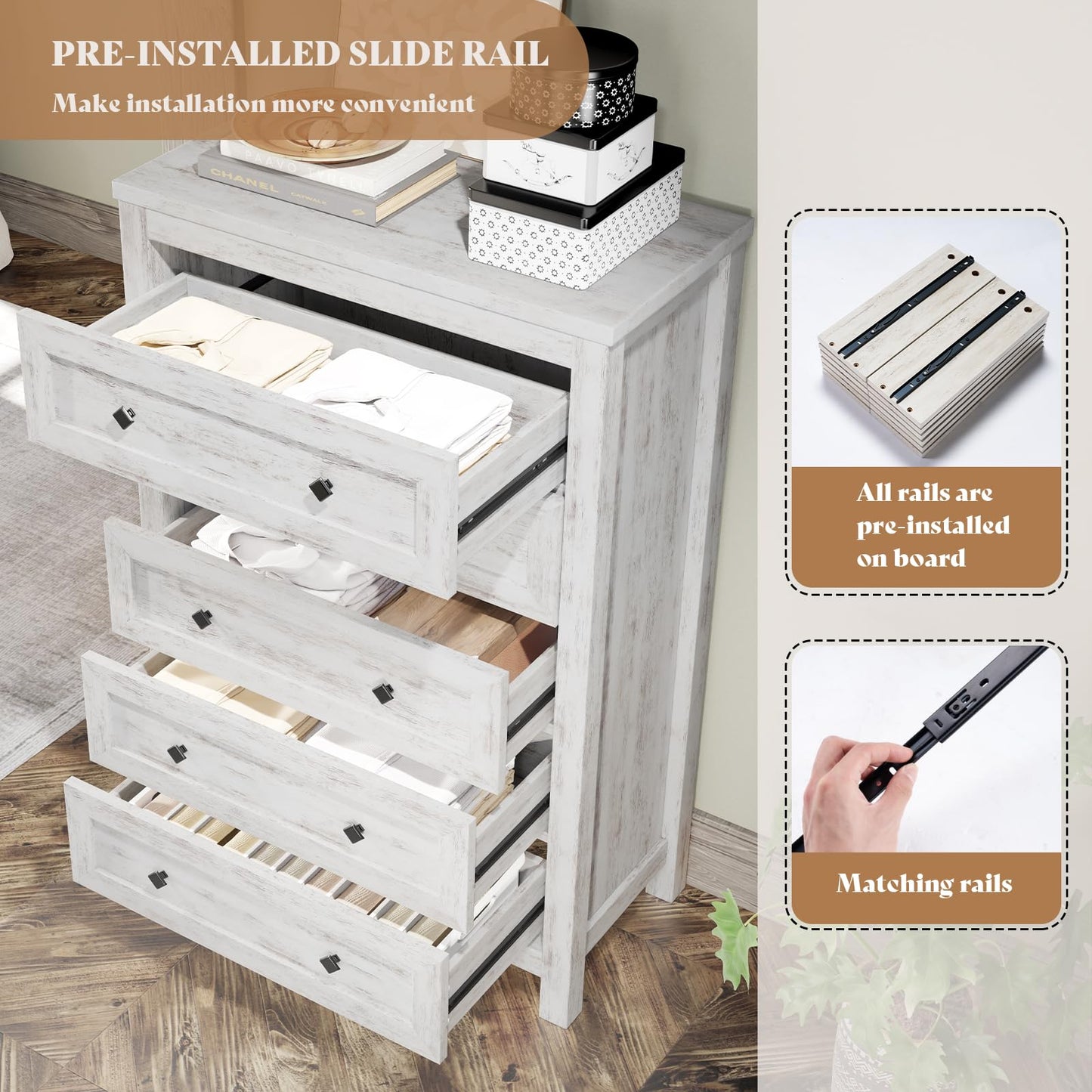 AMERLIFE Farmhouse 5 Drawers Dresser for Bedroom, Wood 47" Tall Dresser for Closet, Natural Texture Chest of Drawers for Bedroom, Living Room, Hallway and Entryway, Distressed White