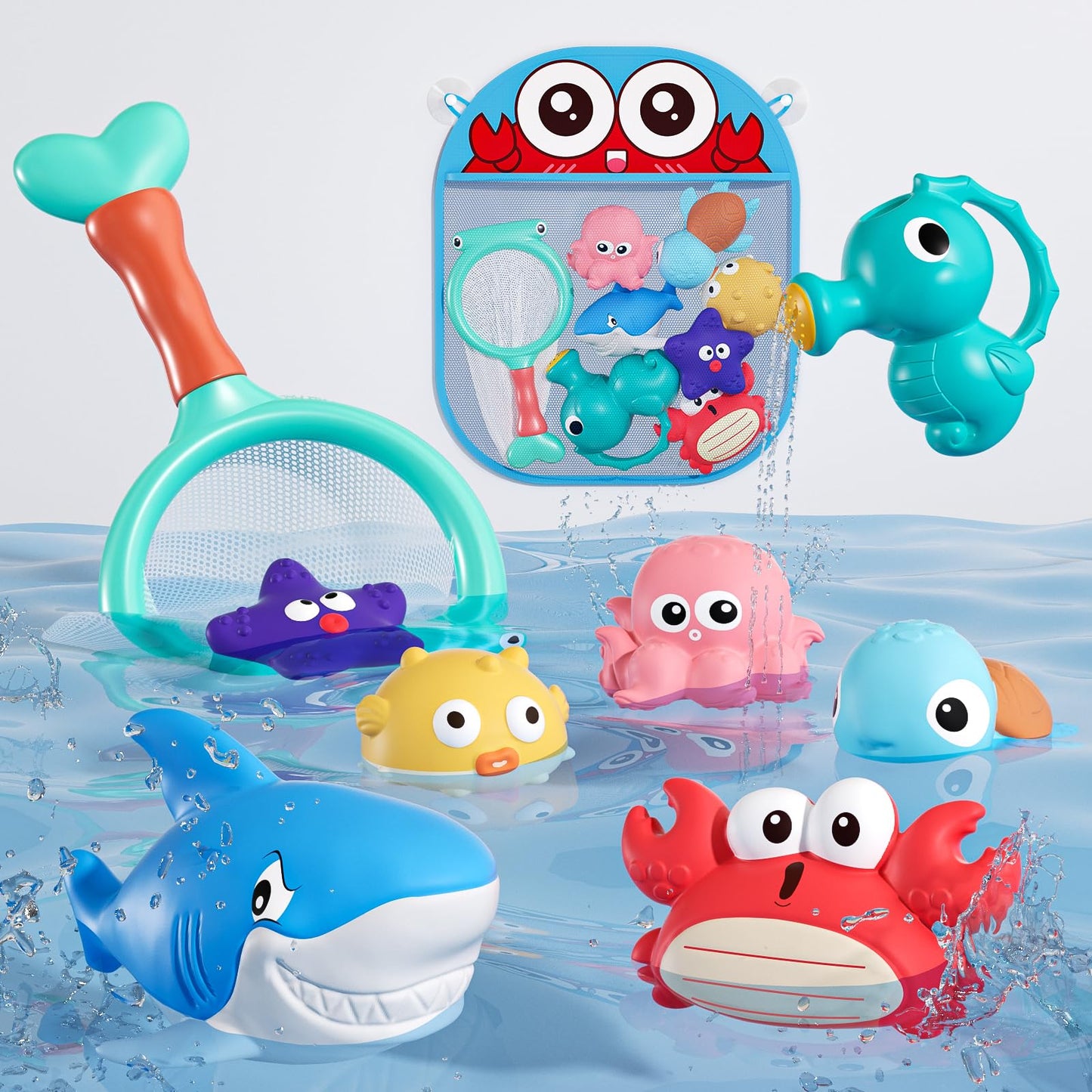 Mold Free Baby Bath Toys for Toddlers 1-3, No Hole Ocean Animal Bathtub Set with Mesh Organizer, Sensory Water Play for Infants 6-12 Months