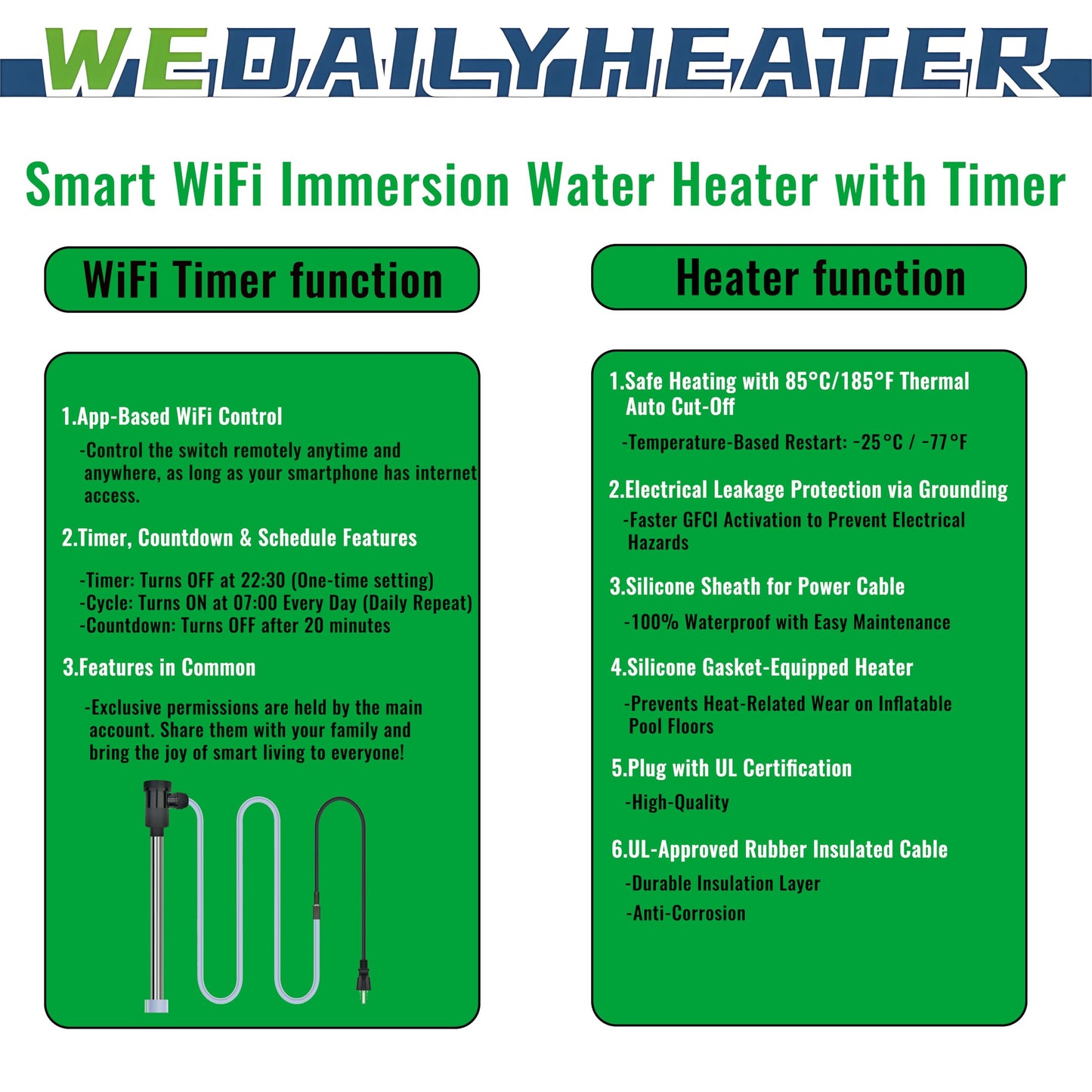 3500W 240V Fully Submersible Water Heater of Hot Tub & Above Ground Pool – Portable Immersion Electric Heater with WiFi Timer & Temp Control for Inflatable Pool, Bucket, Baptism Pool & Bathtub etc