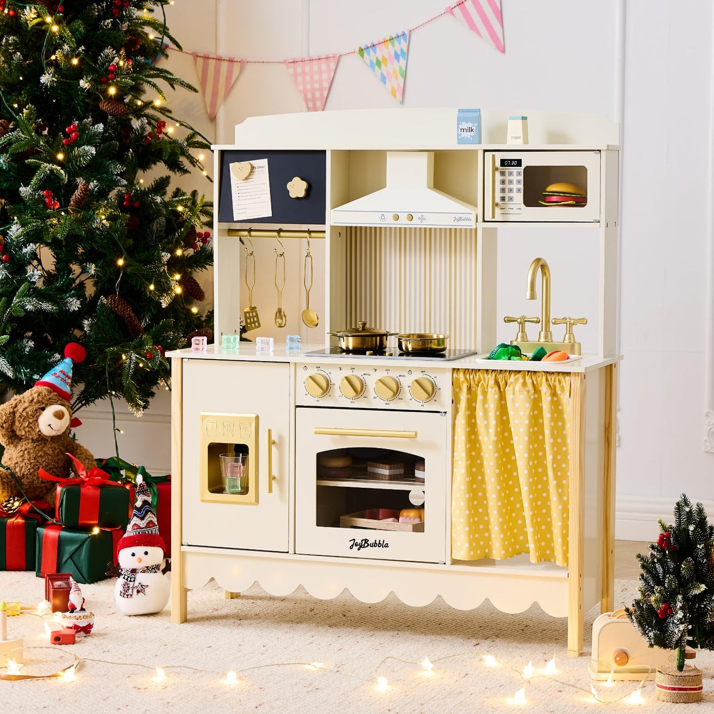 JoyBubbla Wooden Play Kitchen for Toddlers, Modern Kids Kitchen Playset with Realistic Lights & Sounds, Toy Kitchen Set with 25 Pcs Accessories, Pretend Play for Girls & Boys Ages 3+, Cream White