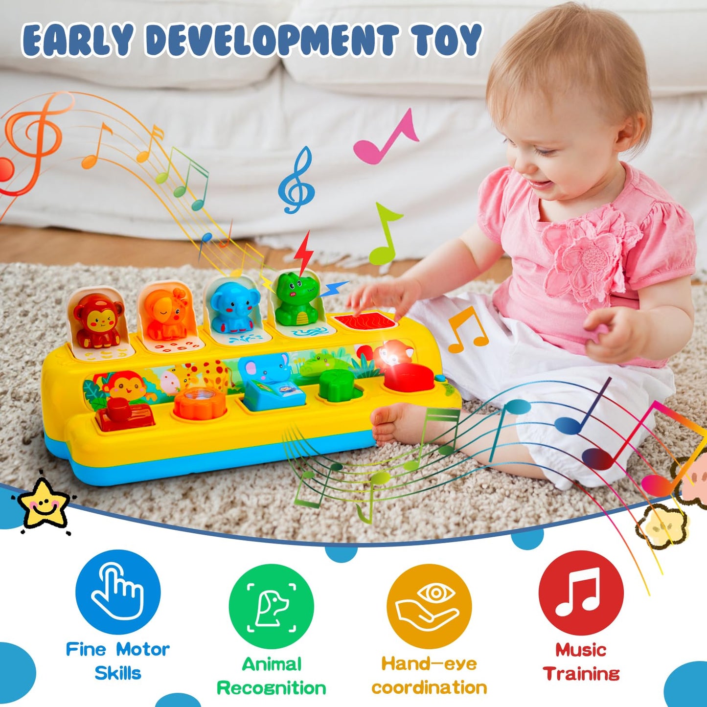 Interactive Pop up Animal Toys with Music & Light, Montessori Cause and Effect Toys for 1 Year Old Boy Girl Early Learning Musical Baby Toy 9-12-18 Months STEM Toddler Toy Age 1-2 Gift for Infant