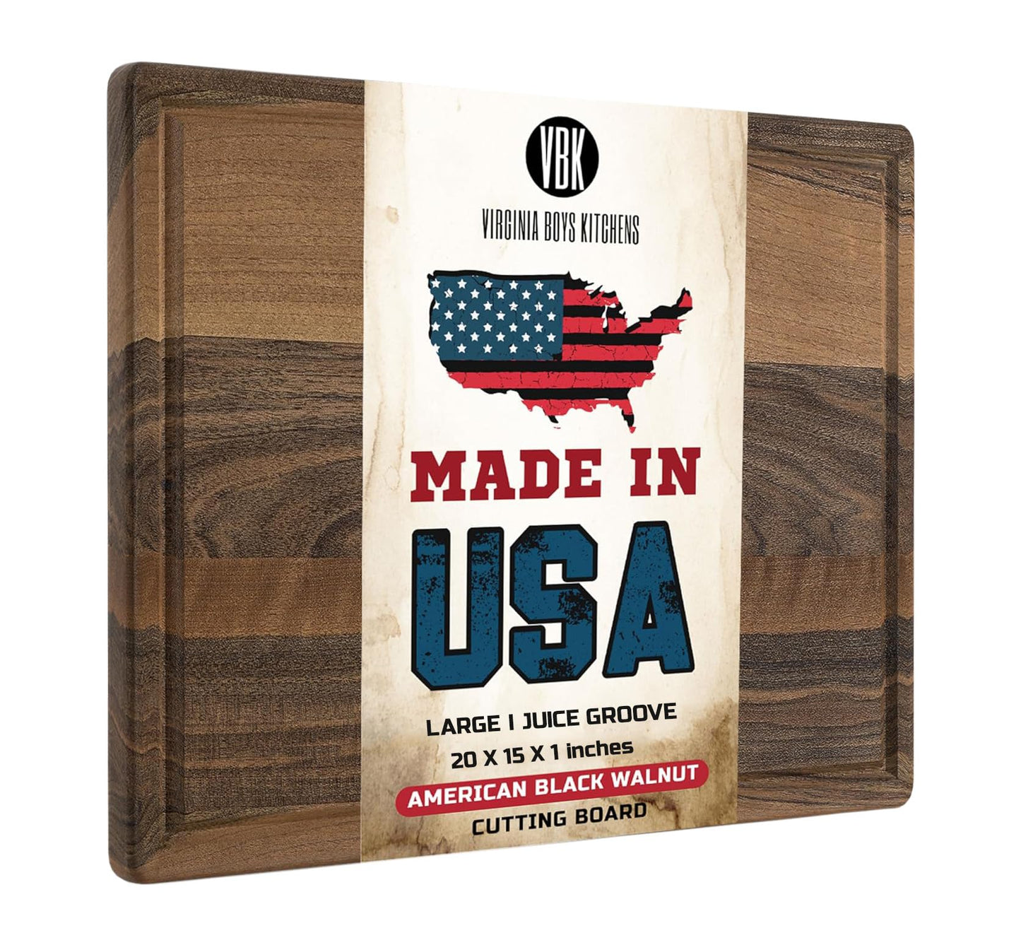 Made in USA Walnut Cutting Board by Virginia Boys Kitchens - Butcher Block made from Sustainable Hardwood (20x15)