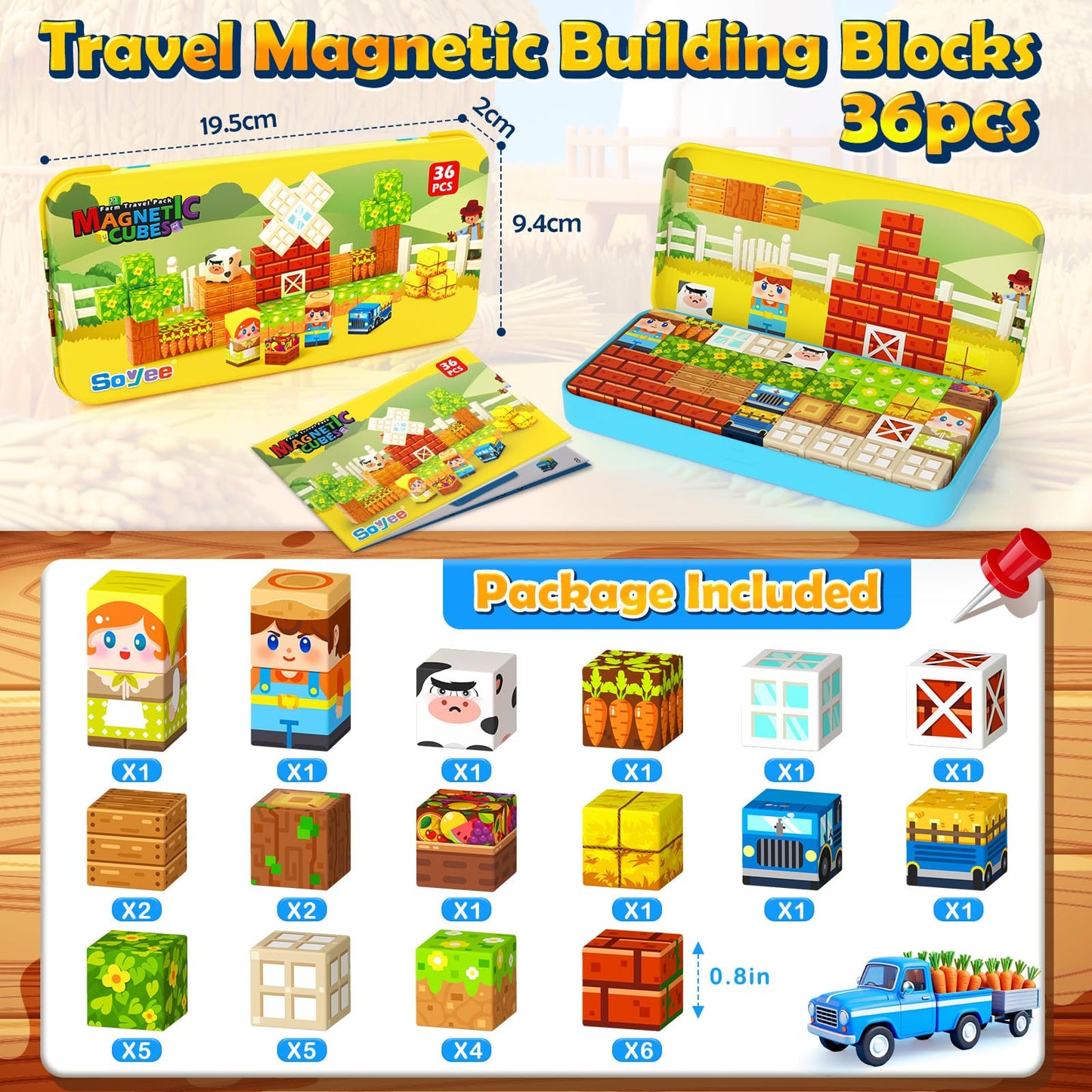 Soyee Magnetic Blocks Travel Toddler Toys Magnet Building Tiles Construction Cubes STEM Sensory Learning Farm Toys with Box Christmas Birthday Gifts for Kids Ages 3 4 5 6 7 8 Year Old Boys Girls