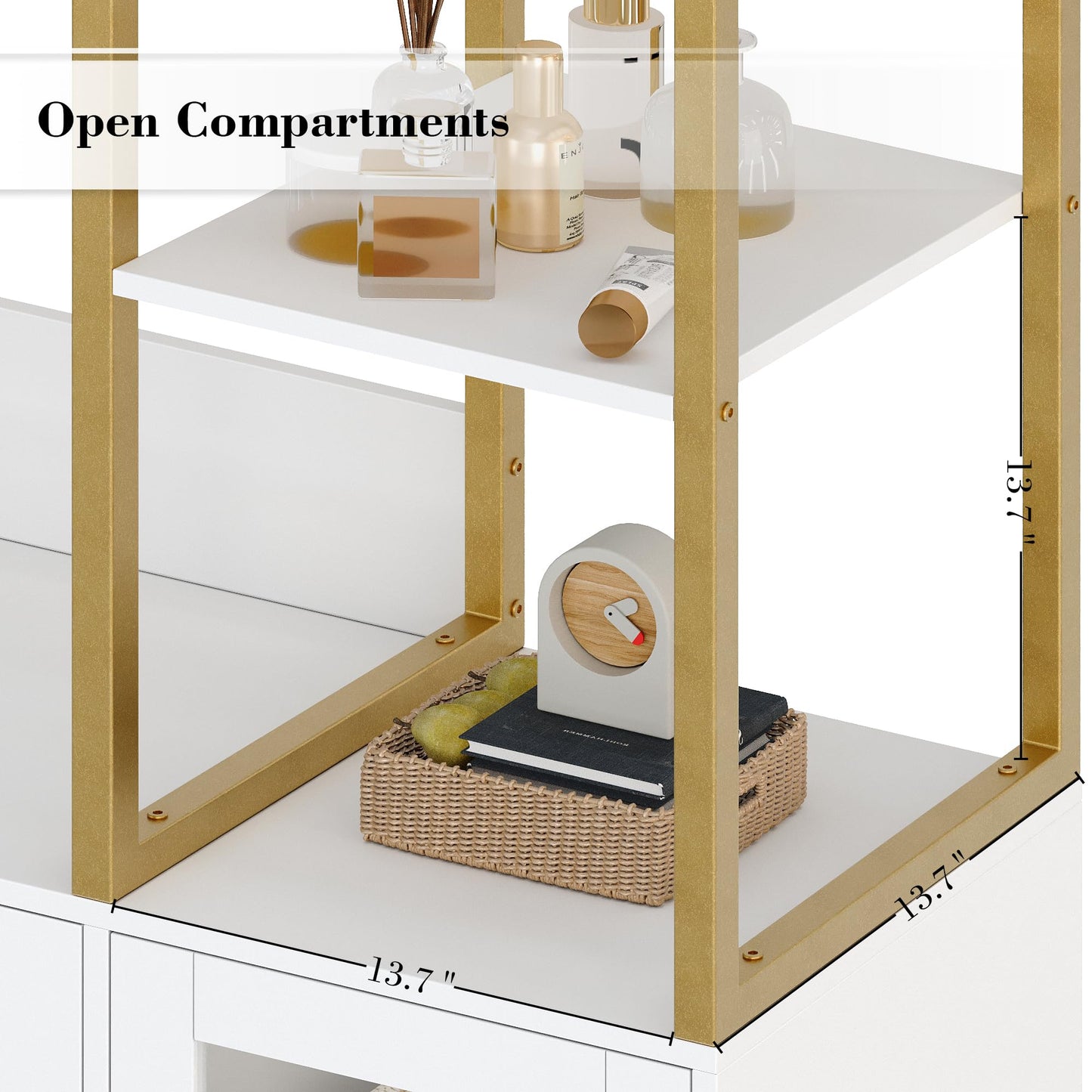 BOTLOG Closet System Organizer, 81.3” H Wardrobe Closet with 3 Wooden Drawers, Clothes Rack with Hanging Rods, 4 Tiers Shelves, Metal Frame, White and Gold