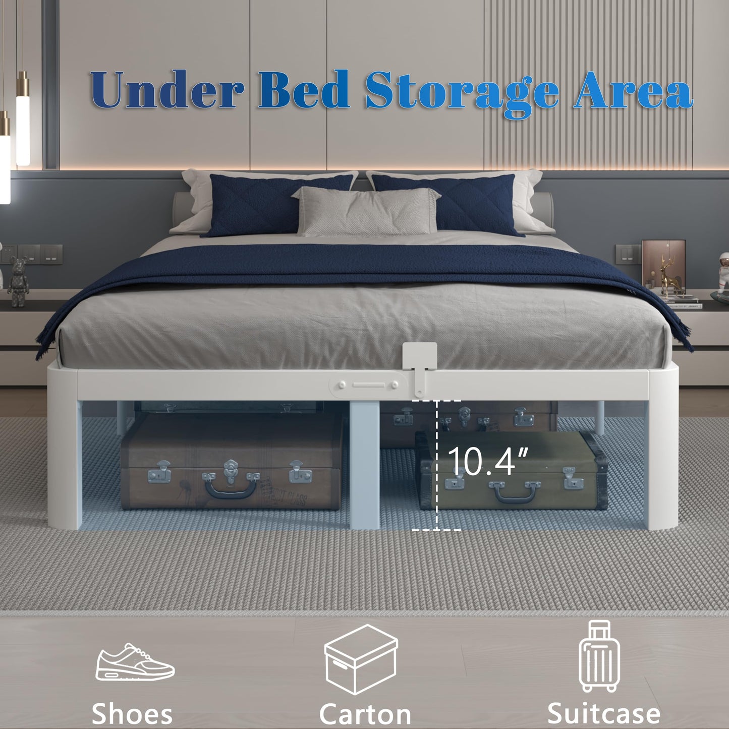KOSOSO 12 Inch King Size Bed Frame with Metal Gaskets, White Bed Frame King Size No Box Spring Needed, Heavy Duty Steel Platform Support, Round Corner Design, Reserved Holes, Noiseless, Storage Space