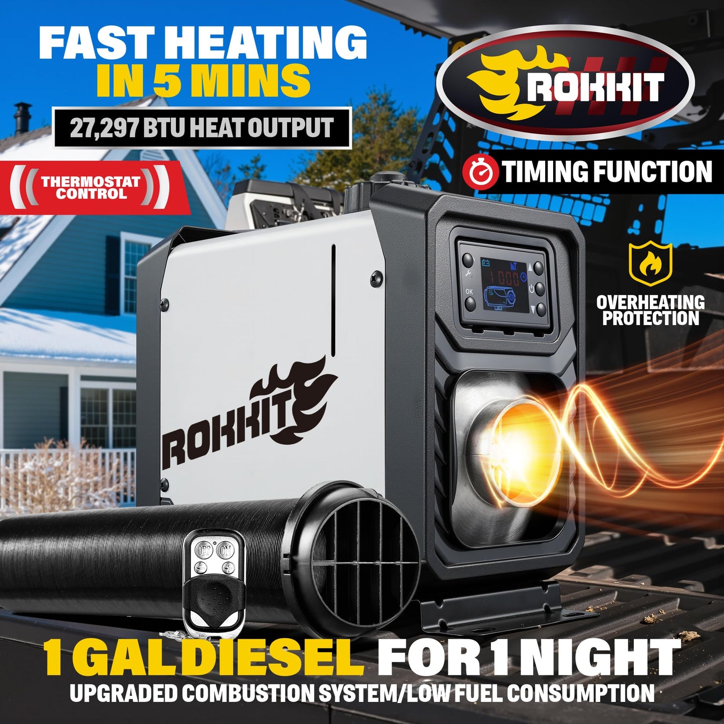 ROKKIT Portable Diesel Air Heater, 8KW, 110V/12V, LCD Monitor & Remote Control, Low Noise, Ideal for Tent, Car, RV, Camper
