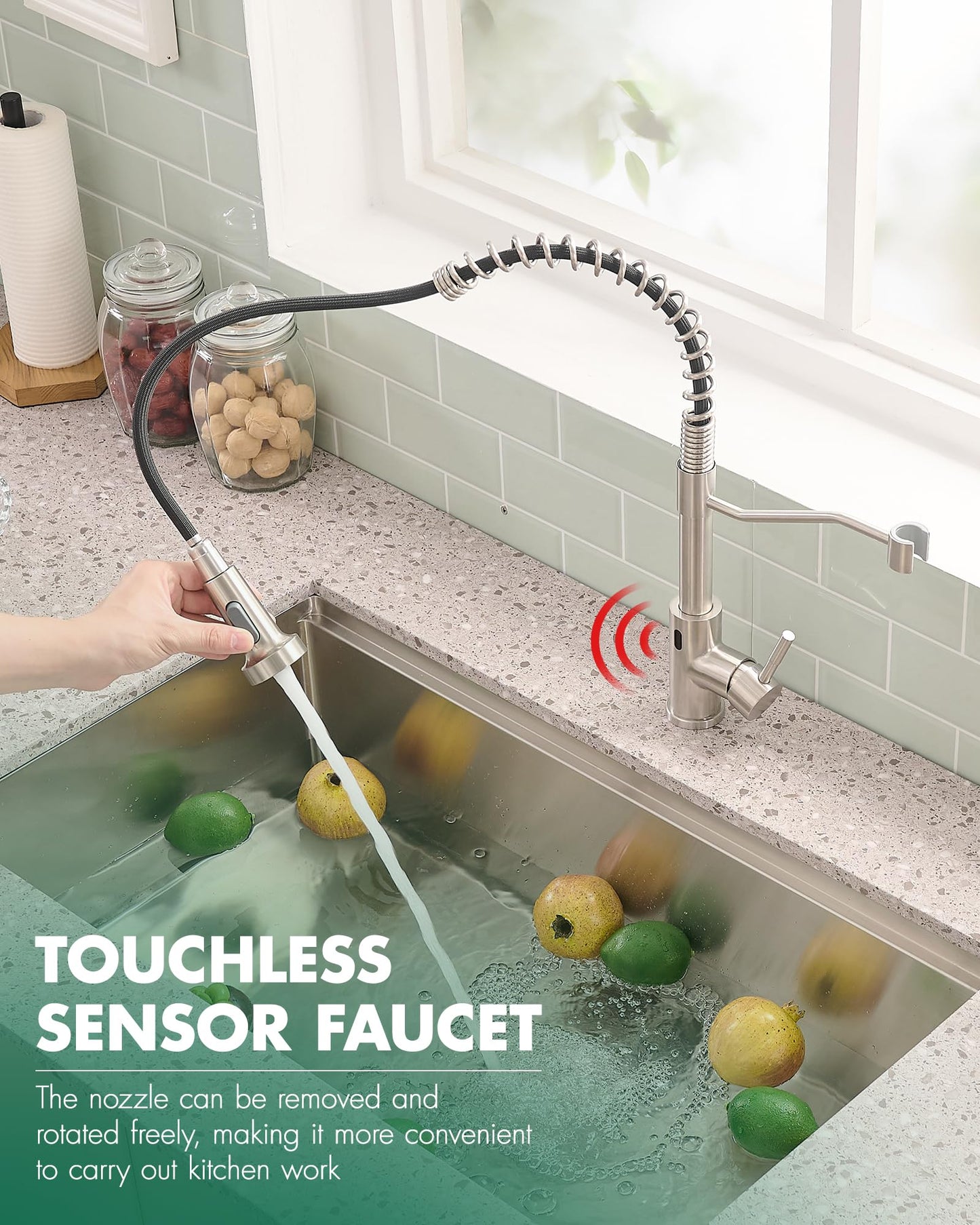 AIMADI Touchless Kitchen Faucet with Pull Down Sprayer,Brushed Nickel Motion Sensor Kitchen Sink Faucet,Smart Hands Free Stainless Steel Spring Faucets for Farmhouse RV Utility Sink,1 or 3 Hole