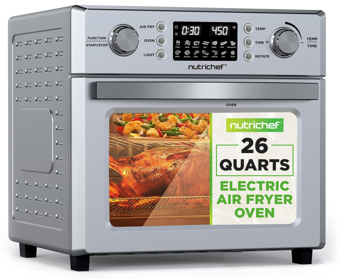 NutriChef 26L Electric Air Fryer Oven | 1700W Countertop Rotisserie & Air Fryer | 360° Rotating Feature | 10 Menu Presets | Includes Drip Tray, Air Frying Basket & Bake Rack 15x16x14 | Stainless Steel