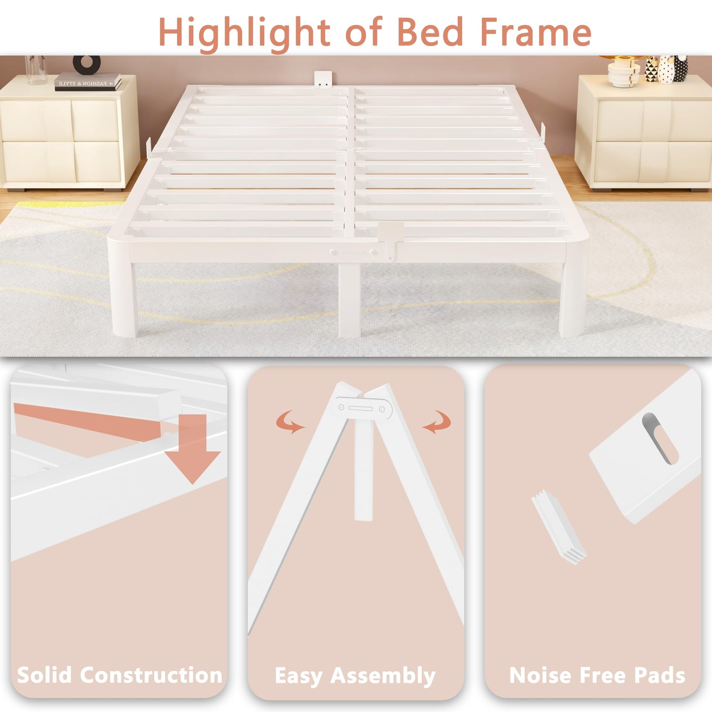 HQU 10 Inch Queen Bed Frame with Metal Baffles, White Bed Frame Queen Size No Box Spring Needed, Heavy Duty Steel Platform Support, Reserved Holes, Storage Space, Round Corner Design, Noise Free