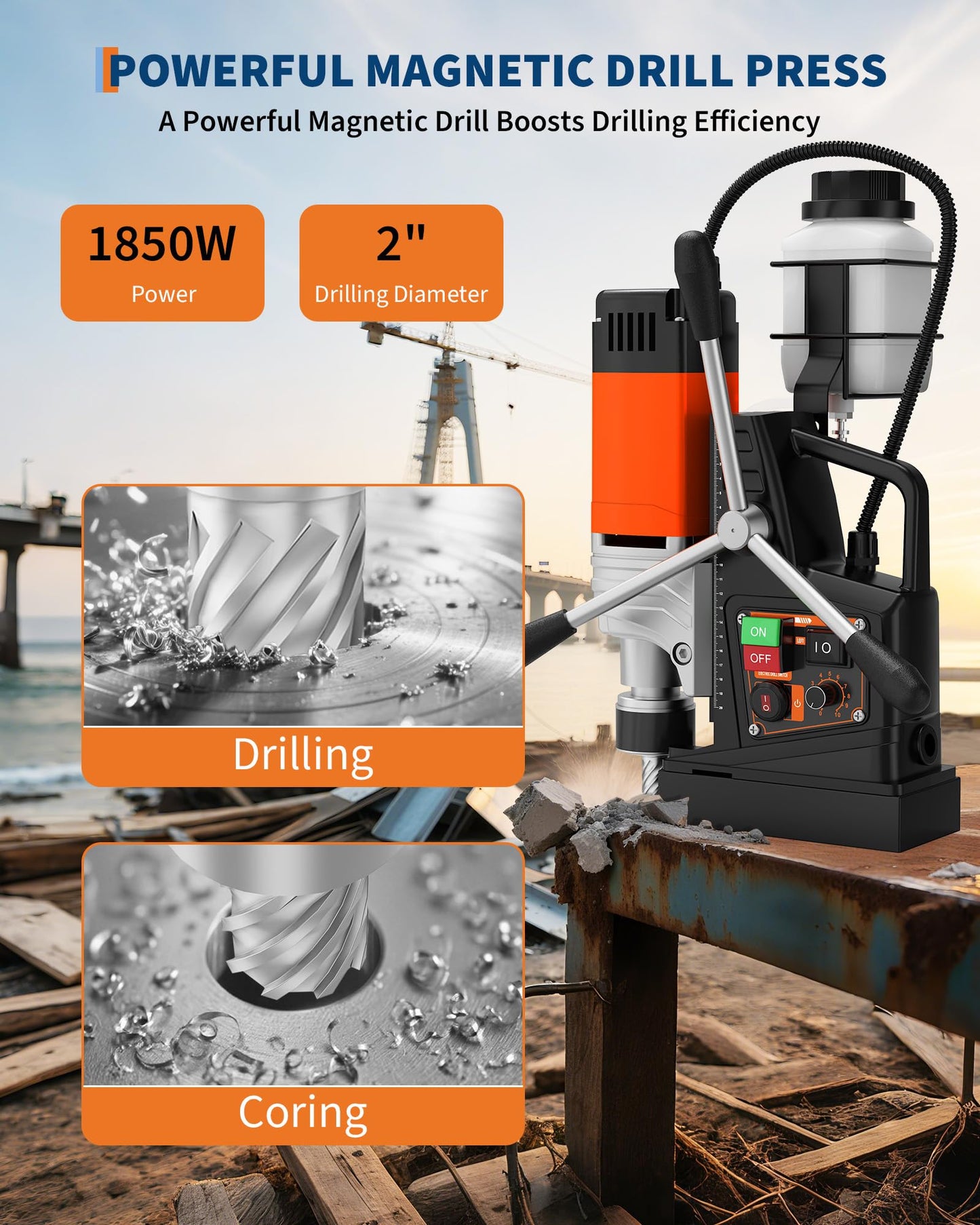 Magnetic Drill, 1850W 2" Boring Diameter, 2922Lbf Power Portable Magnetic, 810 PRM, Variable Speed with Reversible，with 10Pcs Drill Bits 3Pcs Twist Drill and 1Pcs Plastic Box for Metal Surface