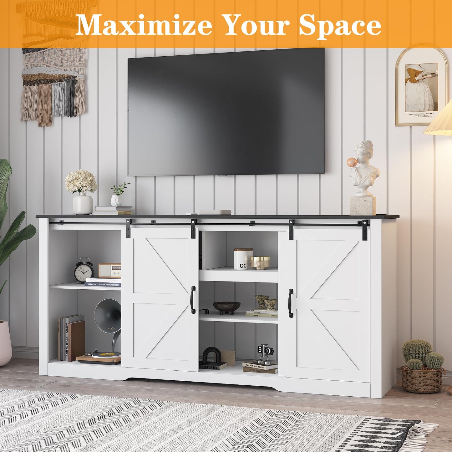 GarveeLife 70 in Farmhouse TV Stand with Power Outlets for Televisions Up to 80 in TVs, Sliding Barn Door & Large Storage Cabinets with Adjustable Shelf, 32 in Tall TV Media Console, White