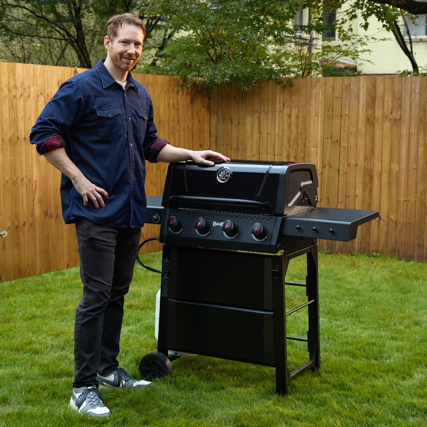 Feasto 4 Burner Gas Grill, 36,000 BTU Outdoor BBQ Grill with Side Table for Outdoor Cooking & Backyard Barbecue, Premium Enameled Coated Chamber Body with Porcelain-Enameled Grates, Black