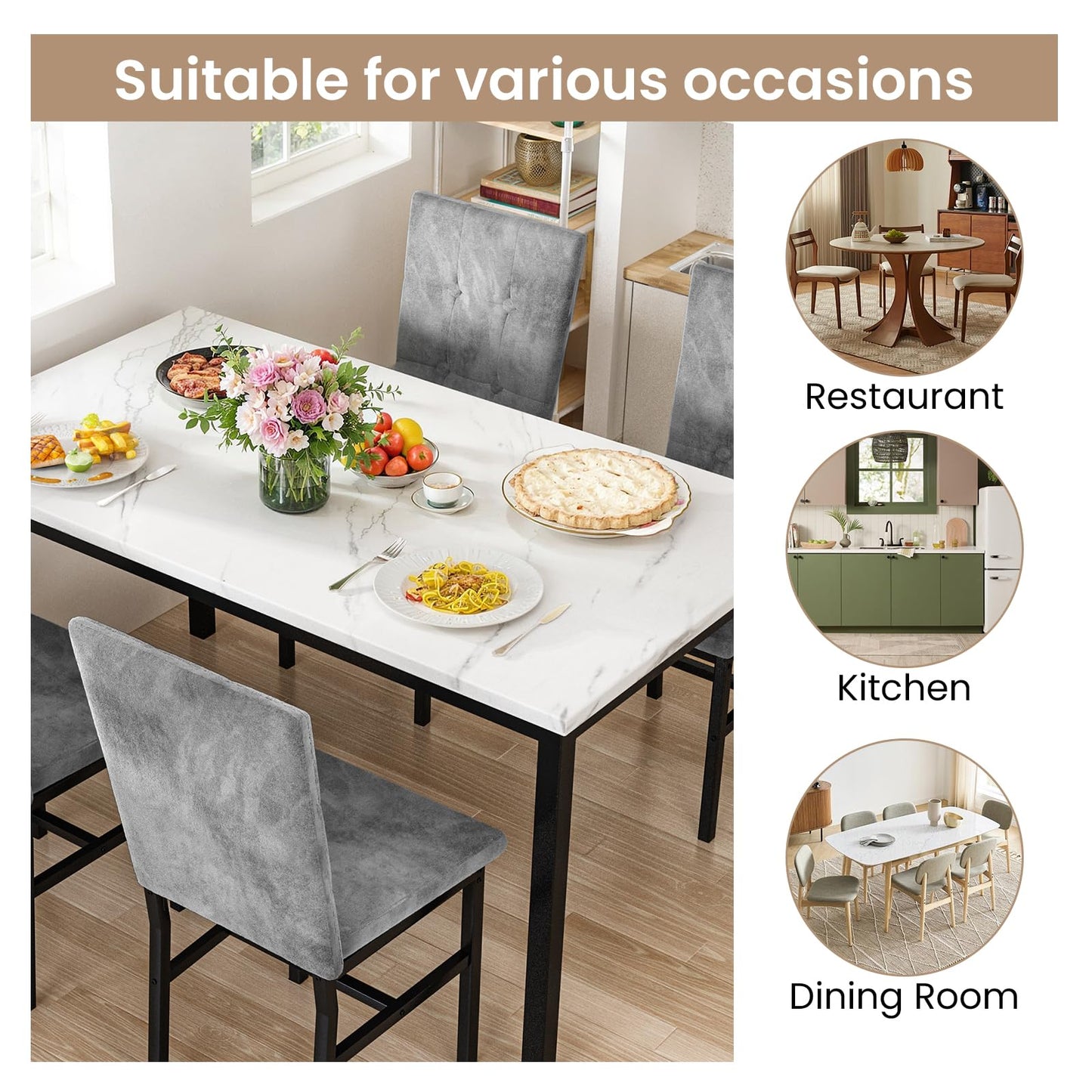 Hooseng Dining Room Table Set 5 Piece Dining Table Set Marble Dining Table 4 Chair Dining Table Set for Kitchen Living Room Breakfast Small Spaces (White & Grey)