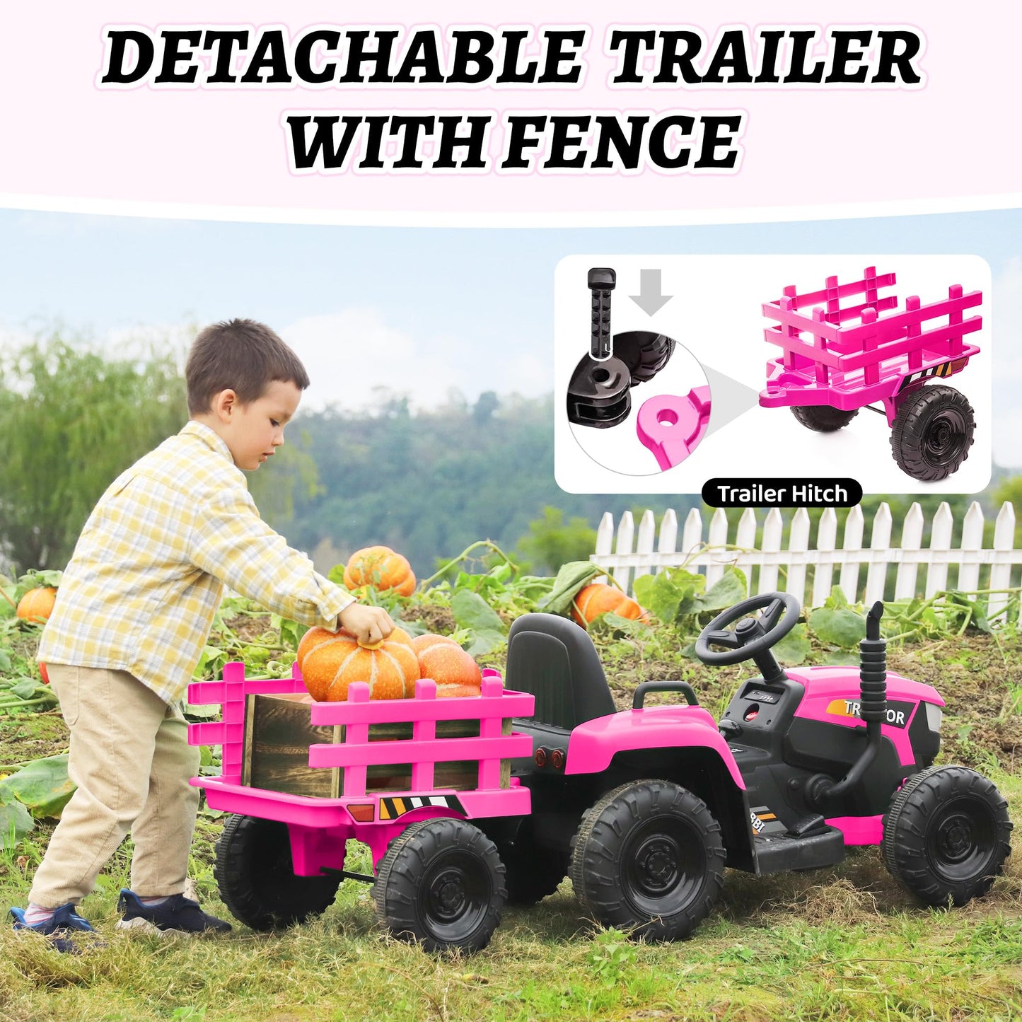 TOBBI Kids Electric Ride On Toy Tractor, Toddlers 12V Battery-Powered Car to Drive, 35W Dual Motor 6-Wheels Trailer Vehicle with 3-Speeds/LED & Horn Functions for Chirdren Aged 3-8-Pink