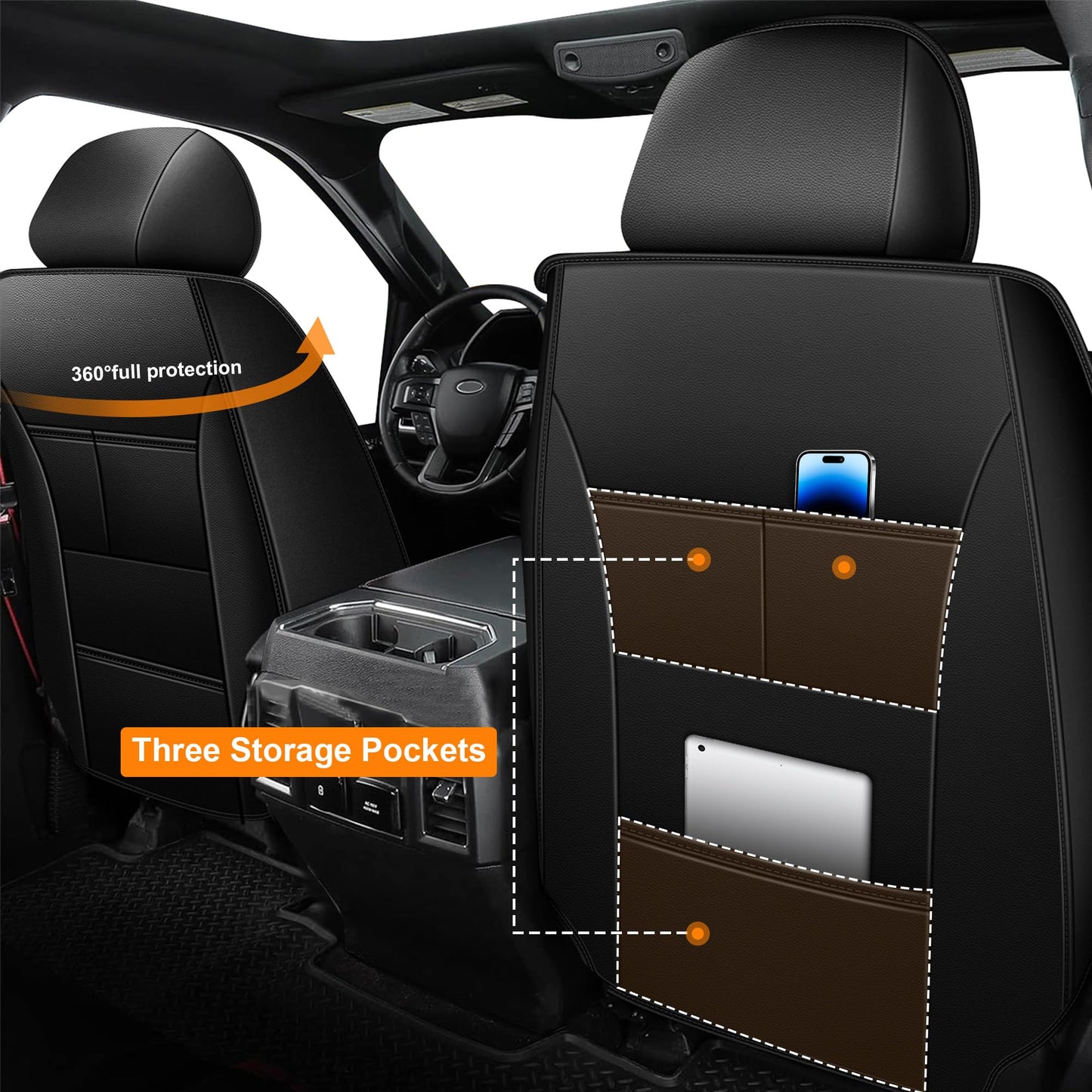JIAMAOXIN Seat Covers for Ford F150 2009-2024 2025 - F250/F350/F450 2017-2024 2025: 5 Seat Full Set Faux Leather Truck Seat Covers Car Cushion (Black)