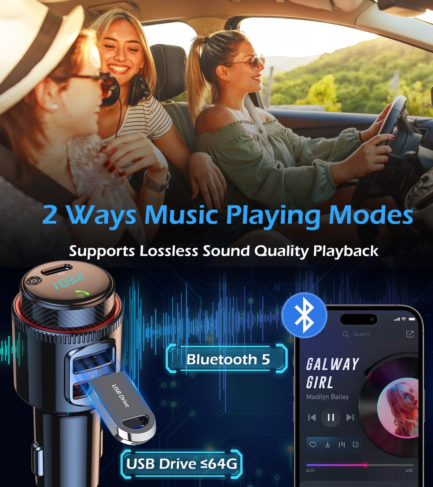 Bluetooth Car Adapter, Wireless AUX FM Transmitter, USB C&QC3.0 Dual Fast Charging, Cigarette Lighter Radio Music, Supports Hands-Free Siri Google Assistant & USB Drive, HiFi Bass Sound