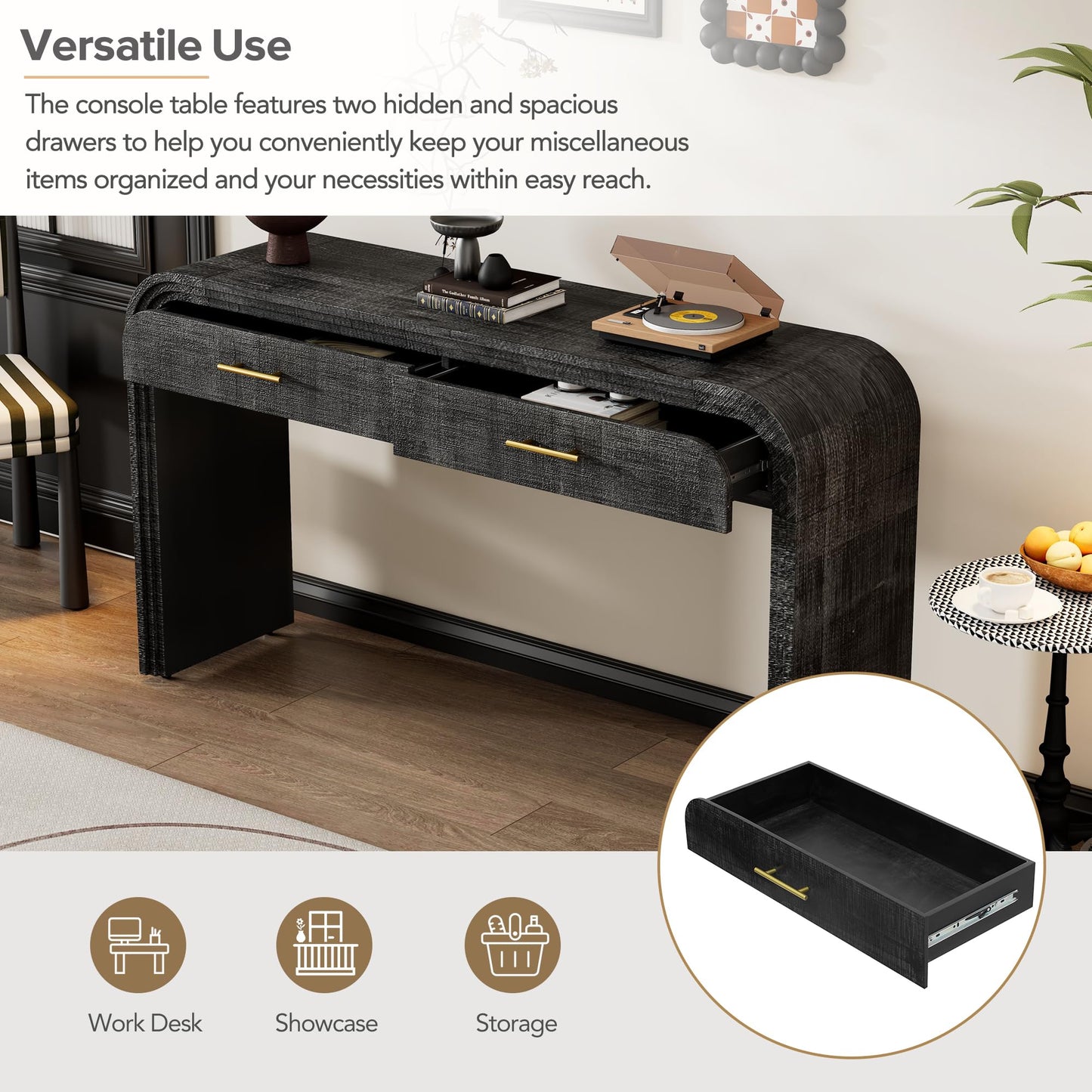 GDFStudio 59" Retro Console Table with Drawers, Narrow Entryway Cabinet Sofa Table with Fluted Details & Distressed Finish, Wood Sideboard Buffet Tables for Living Room Dining Room, Antique Black-1