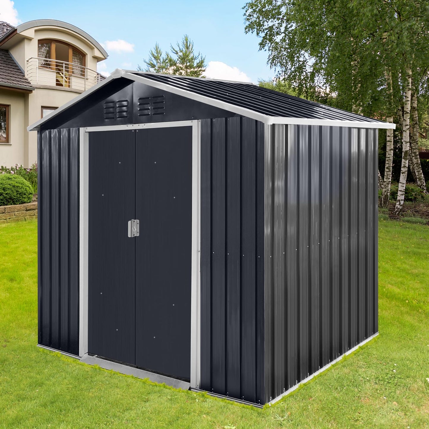 YOPTO 7x4.3 FT Metal Garden Sheds with Window,Outdoor Heavy-Duty Steel Storager Tool Shed W/Sliding Door and Punched Vents,Waterproof Building Organizer for Storing Motorcycle,Bicycles,Grey