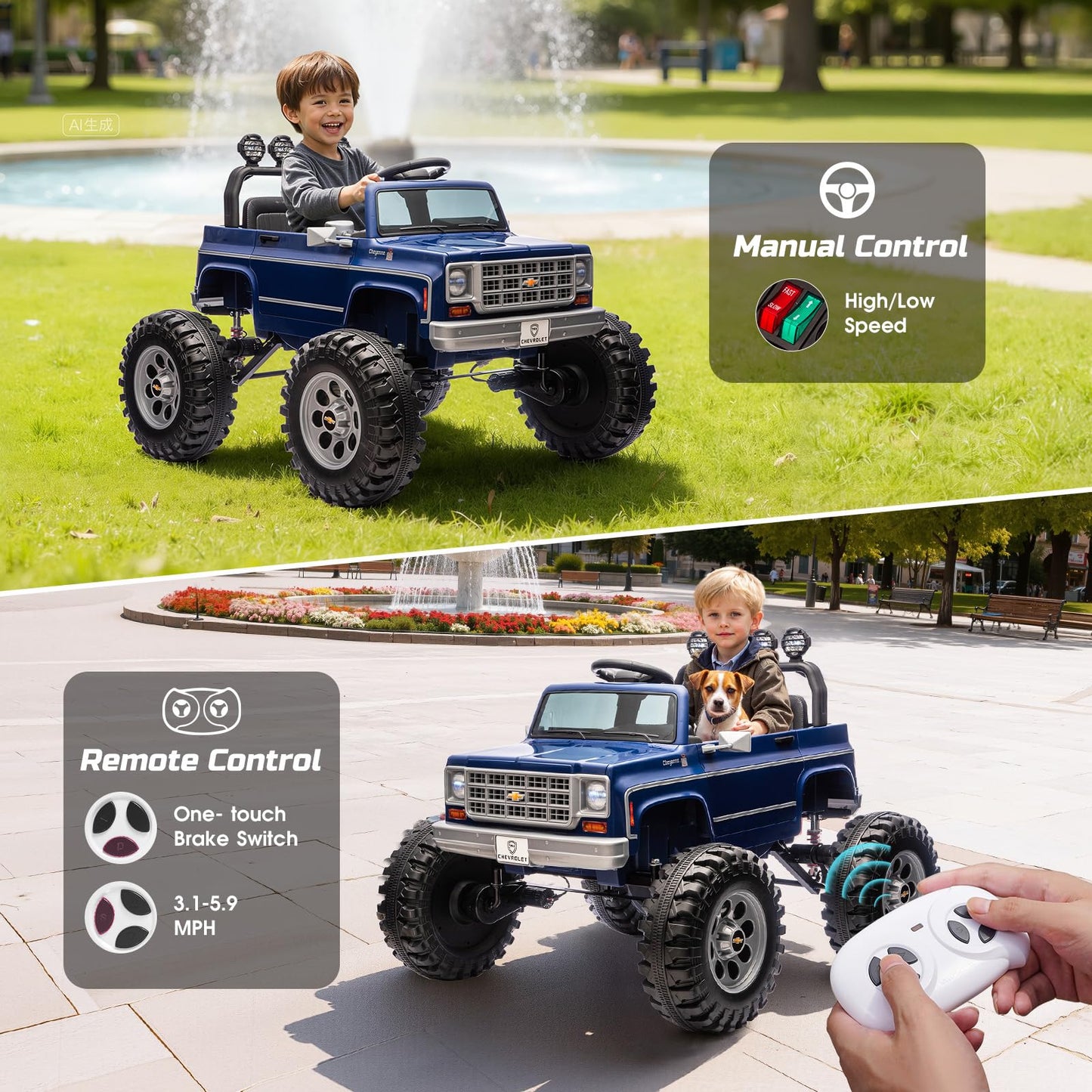 MUKIDY 24V Ride on Car, Licensed Chevrolet Cheyenne Truck w/2X200W Motor, Remote Control, Decoration Streamer, 24 Volt Ride on Toys Power Big Wheels for Big Kids,Blue