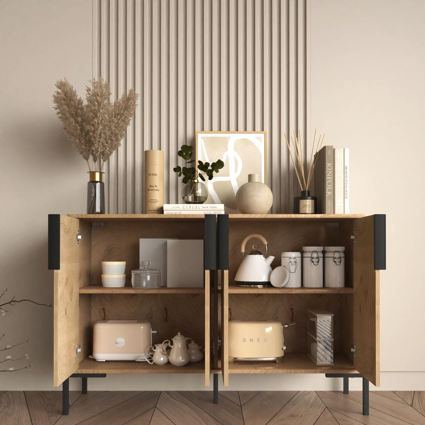 ALBSL 4 Doors Sideboard Buffet Cabinet with Adjustable Shelves, Modern Accent Sideboard with Golden Legs, Wide Storage Cabinet for Kitchen, LivingRoom,Natural
