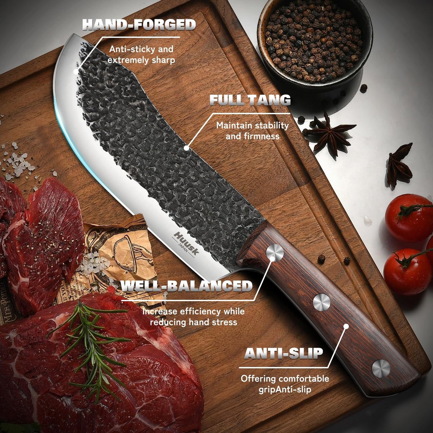 Huusk Butcher Knife Set for Meat Cutting 10pcs Viking Kitchen Serbian Chef Knife with Roll Bag Hand Forged Brisket Knives Meat Cleaver for Men Gift BBQ Outdoor Camping