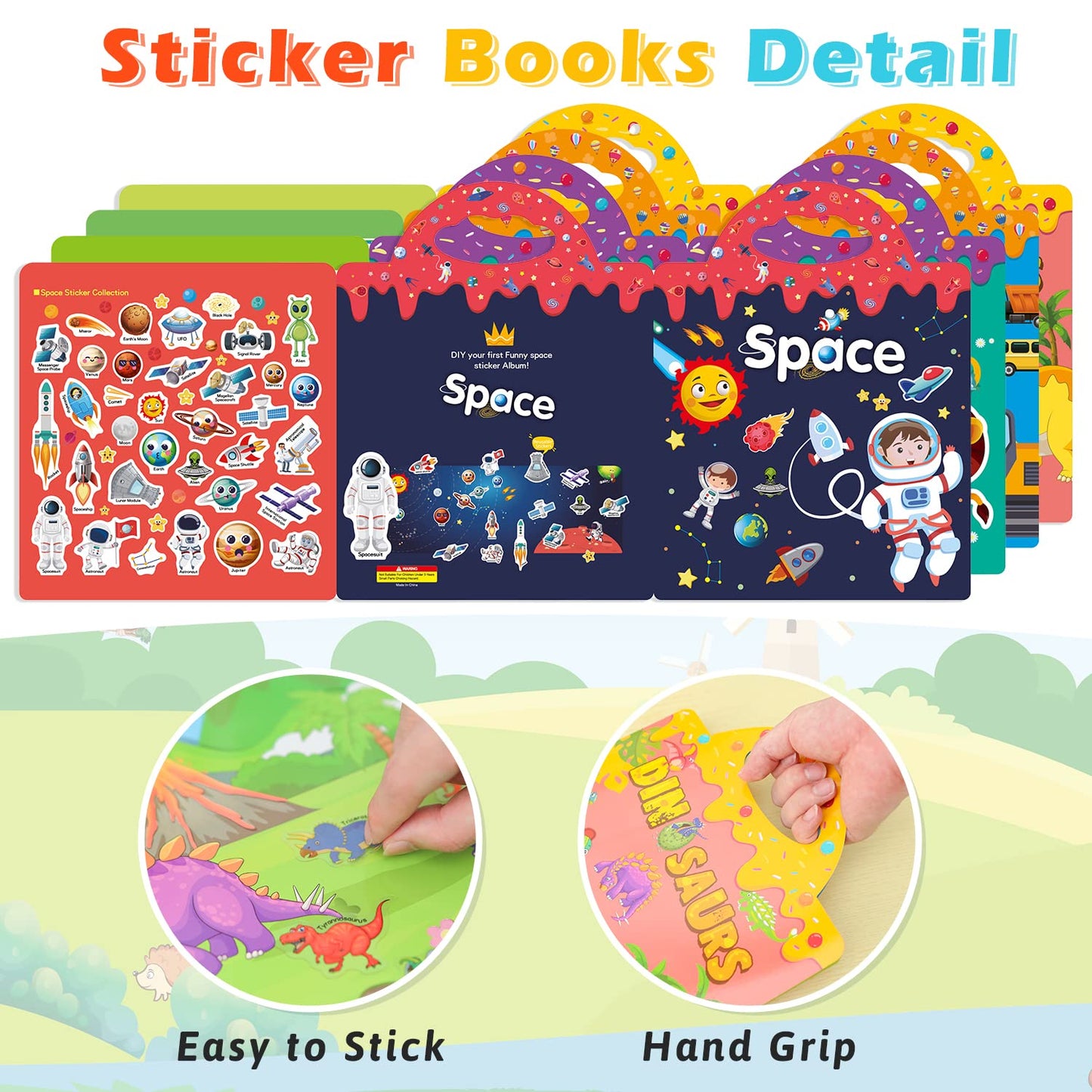 Reusable 4-Set Sticker Books for Toddlers 2-4, Toy Stickers Pad Reusable Sticker Books for Toddlers 1-3 Fashion Activity, Birthday Gift Toy for Girl Boy(Animals, Dinosaurs, Space, Vehicles)